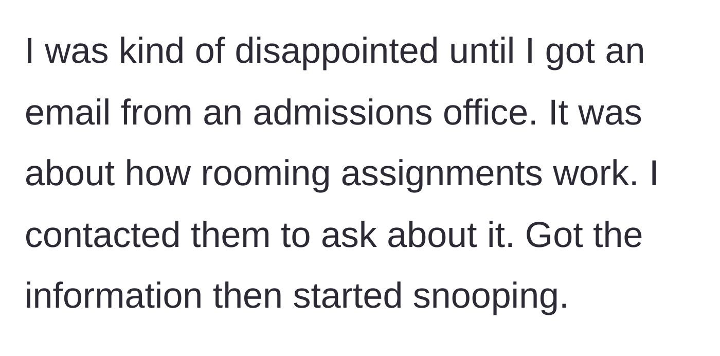 Story part 3 - Student gets an unexpected email about rooming assignments and investigates.