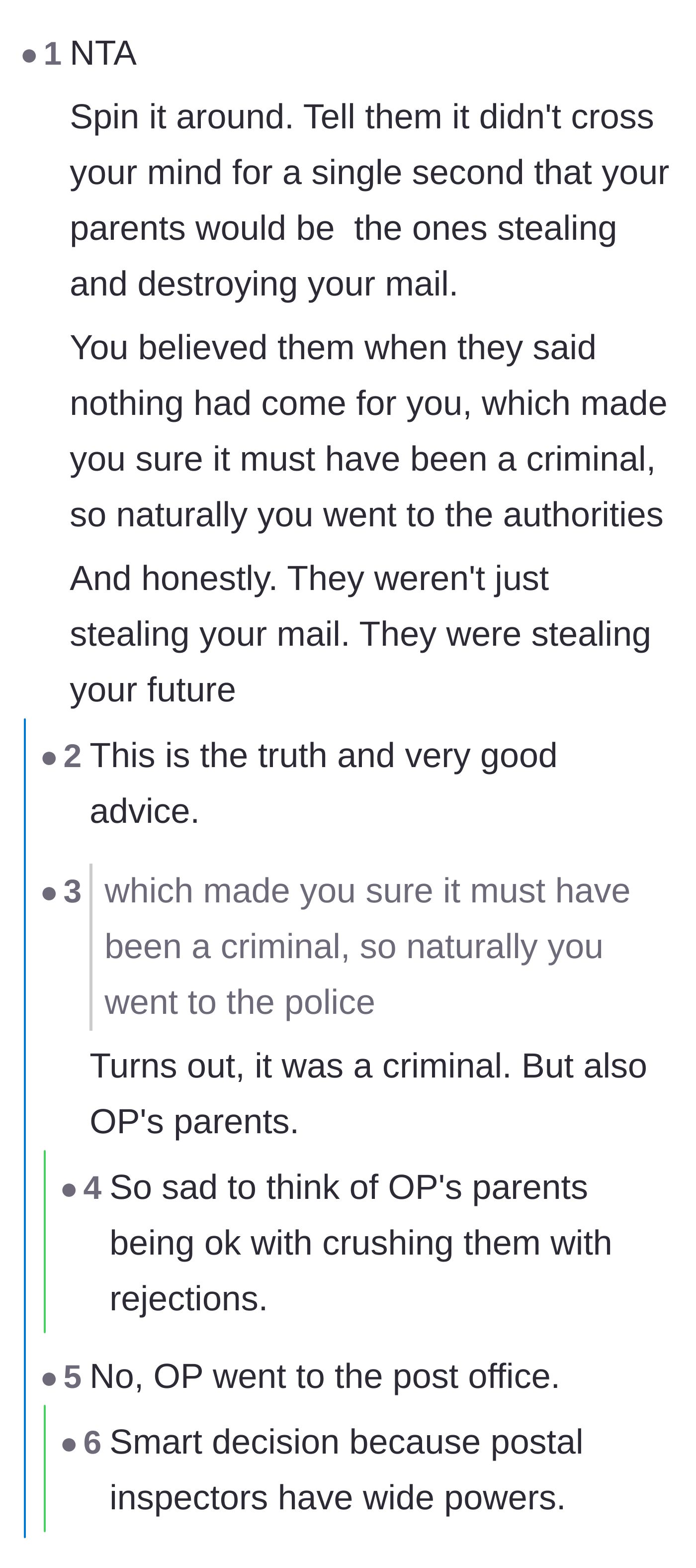 Comment thread 1 - Readers discuss the heartbreaking irony that the parents actually were the criminals stealing the mail.