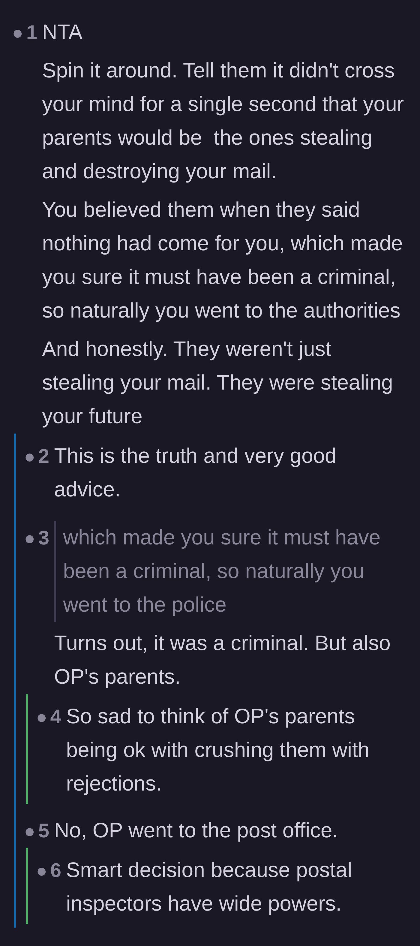 Comment thread 1 - Readers discuss the heartbreaking irony that the parents actually were the criminals stealing the mail.