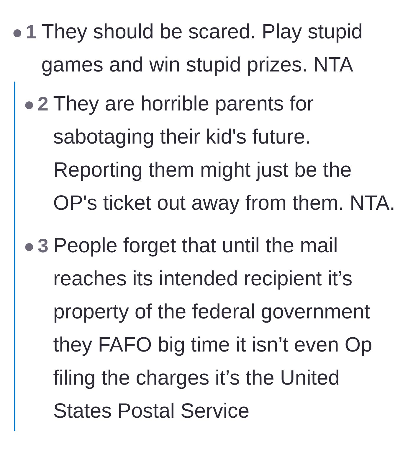 Comment thread 2 - Readers pointing out the severity of federal mail theft and how it might be the student's way out.