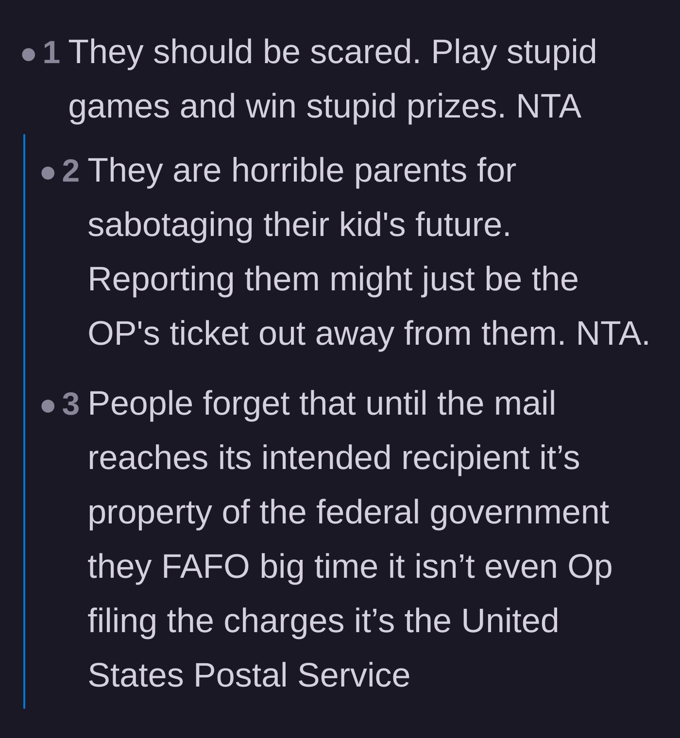Comment thread 2 - Readers pointing out the severity of federal mail theft and how it might be the student's way out.