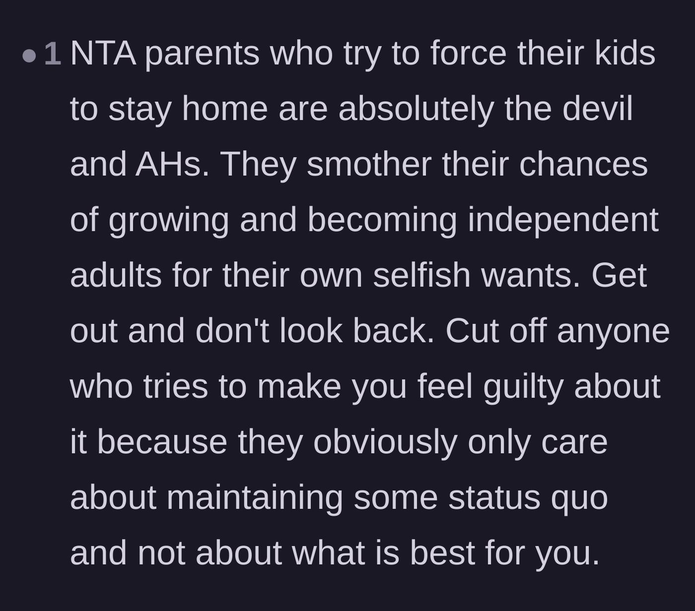 Comment thread 4 - A commenter condemning parents who smother their children's independence for selfish reasons.
