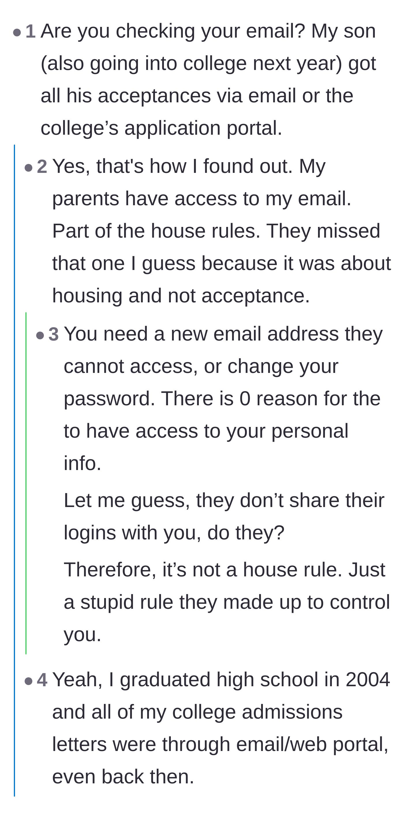 Comment thread 5 - Practical advice on creating a secure, secret email address to bypass the parents' digital surveillance.