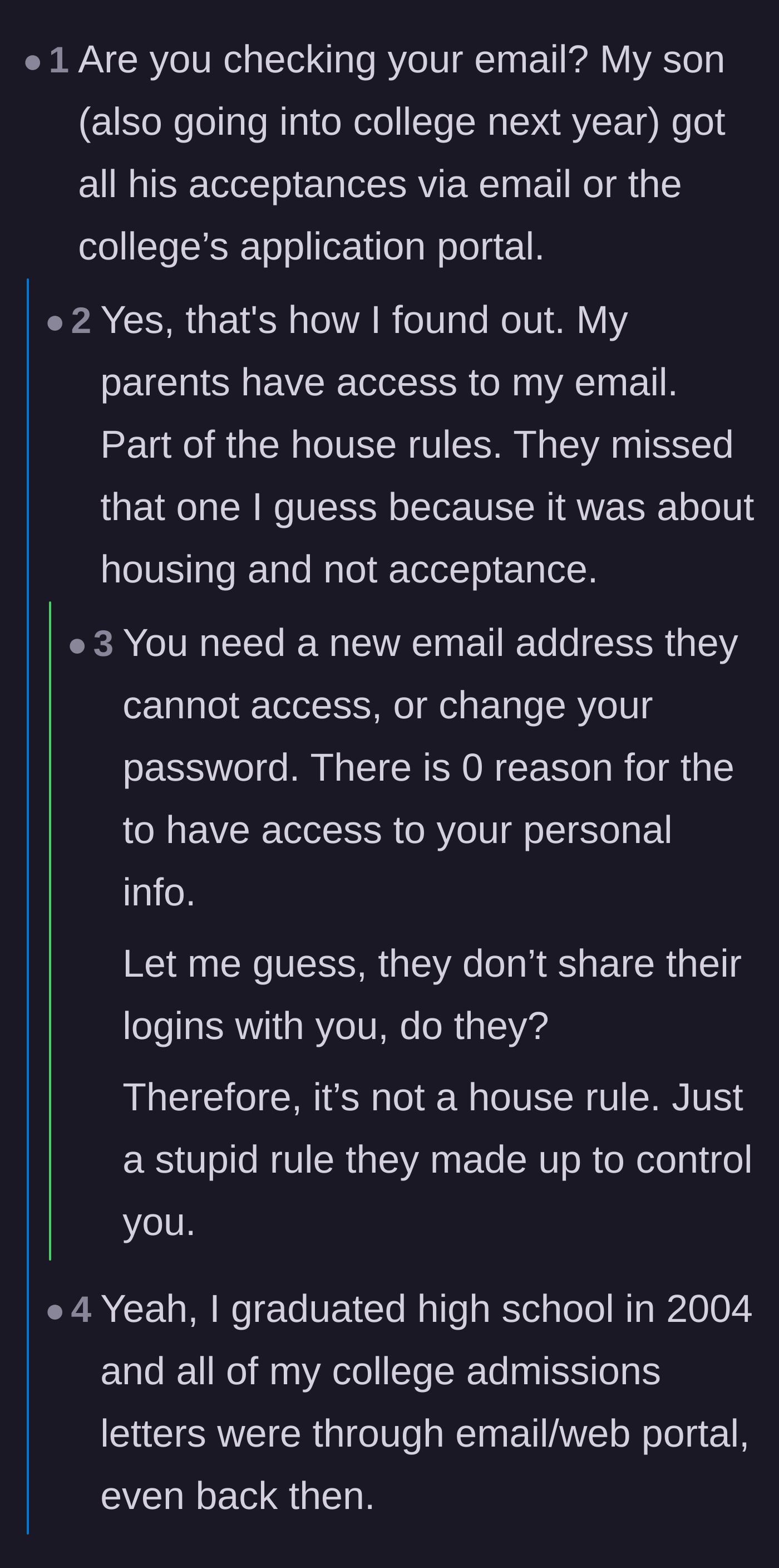 Comment thread 5 - Practical advice on creating a secure, secret email address to bypass the parents' digital surveillance.
