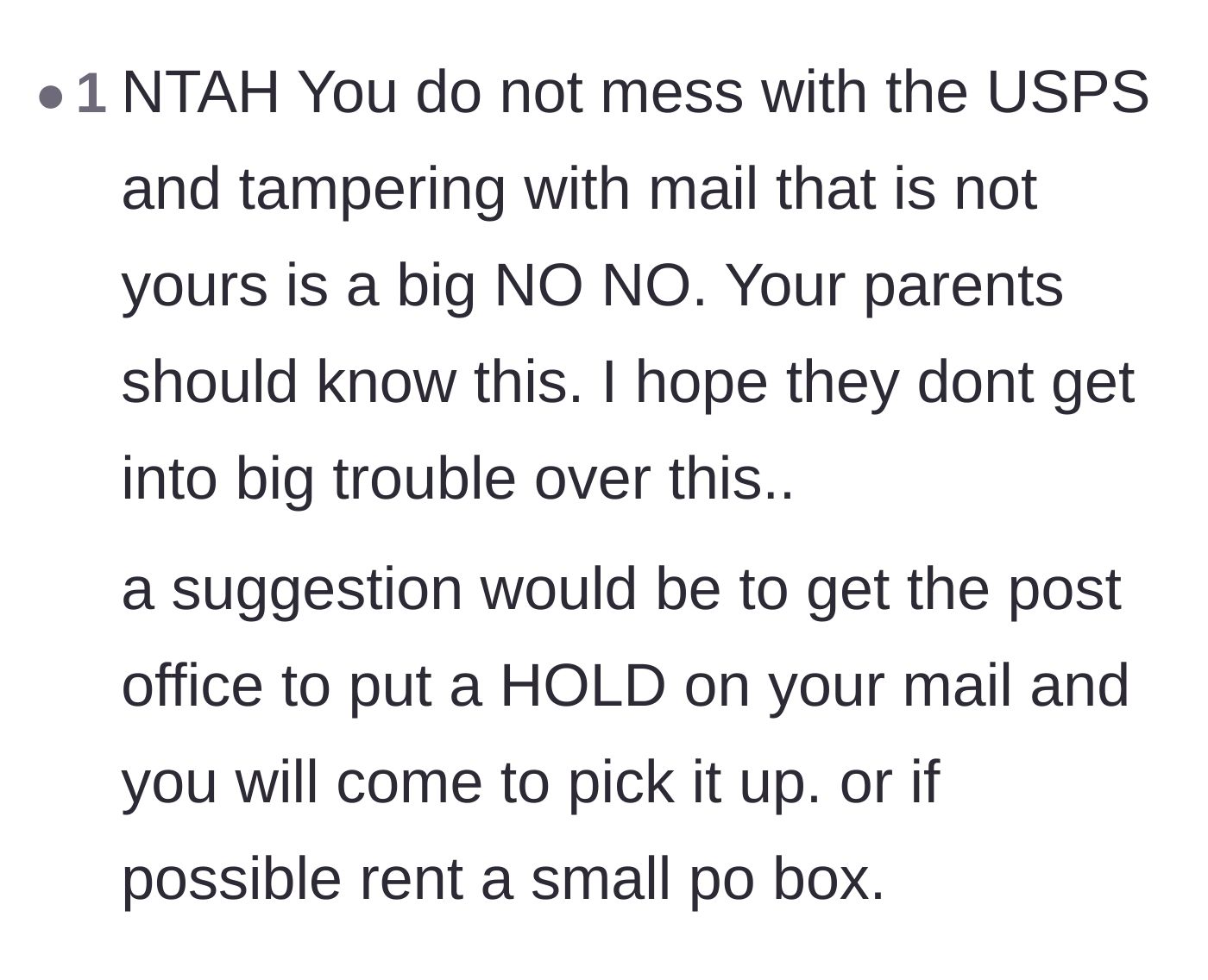 Comment thread 6 - Suggestions to put a hold on the mail or rent a PO box to protect future correspondence.