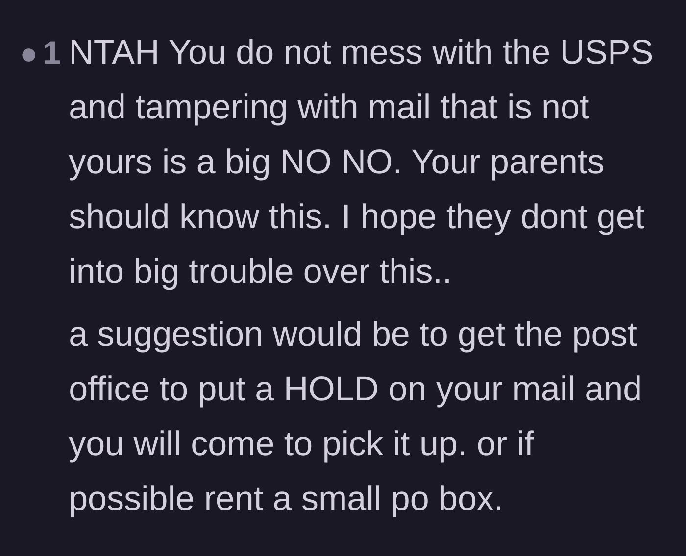 Comment thread 6 - Suggestions to put a hold on the mail or rent a PO box to protect future correspondence.