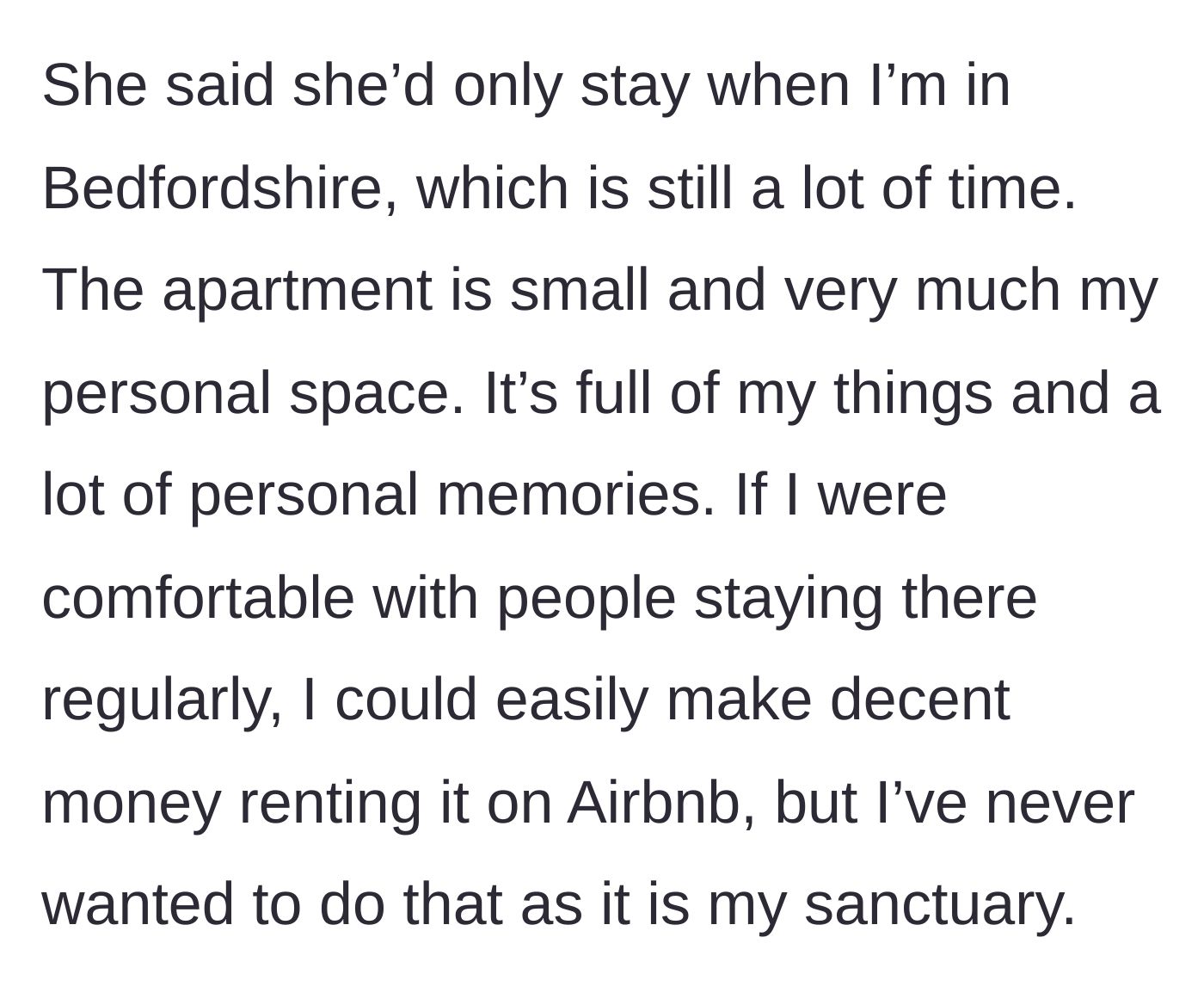 Story part 5 - Friend dictates the terms of her stay, while main character defends her space as a personal sanctuary.