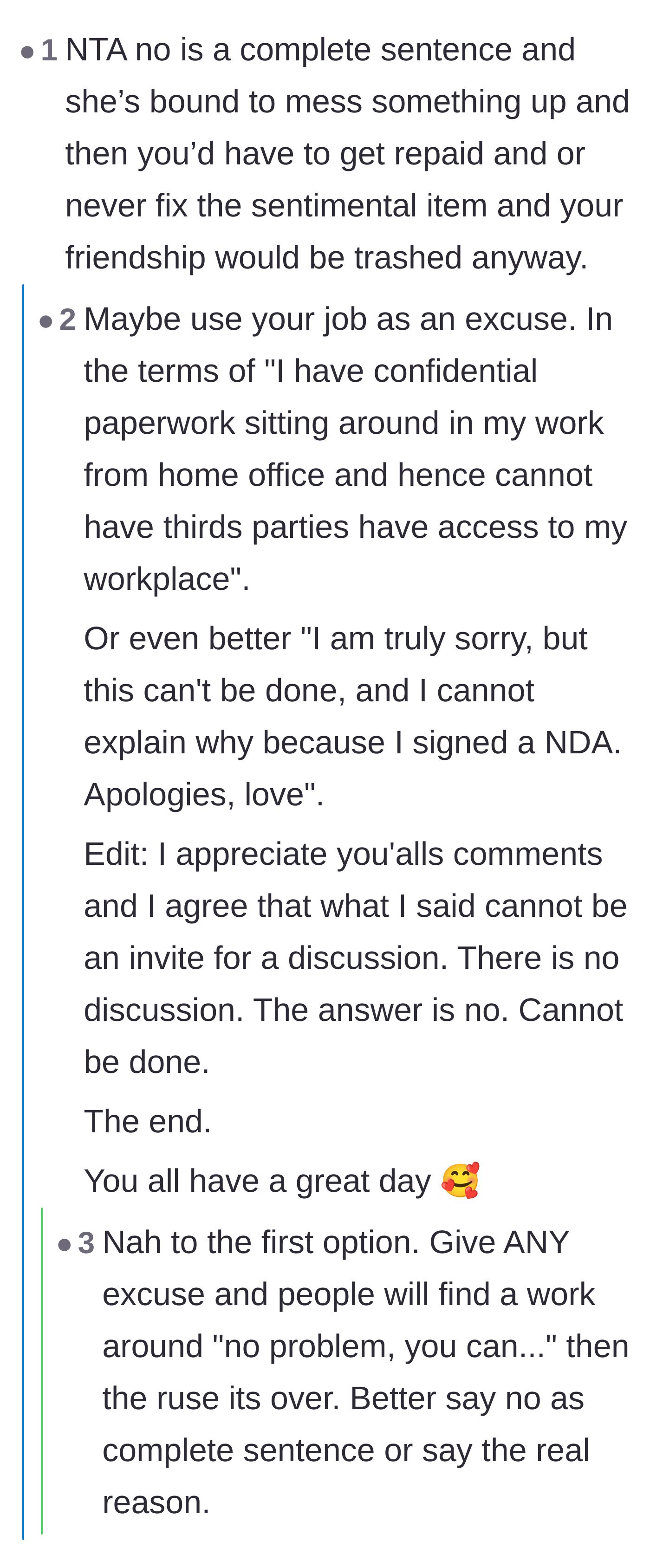 Comment thread 1 - Debate about why giving fake excuses backfires and why 'no' is a complete sentence.
