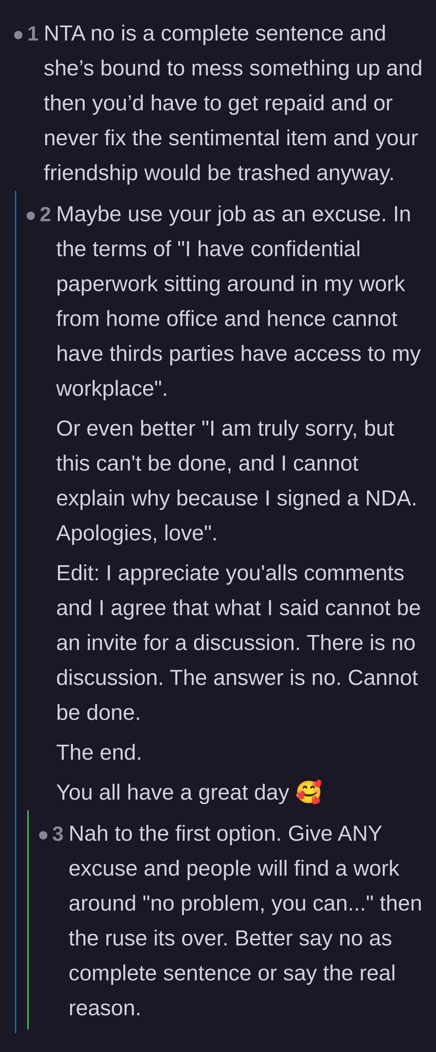 Comment thread 1 - Debate about why giving fake excuses backfires and why 'no' is a complete sentence.