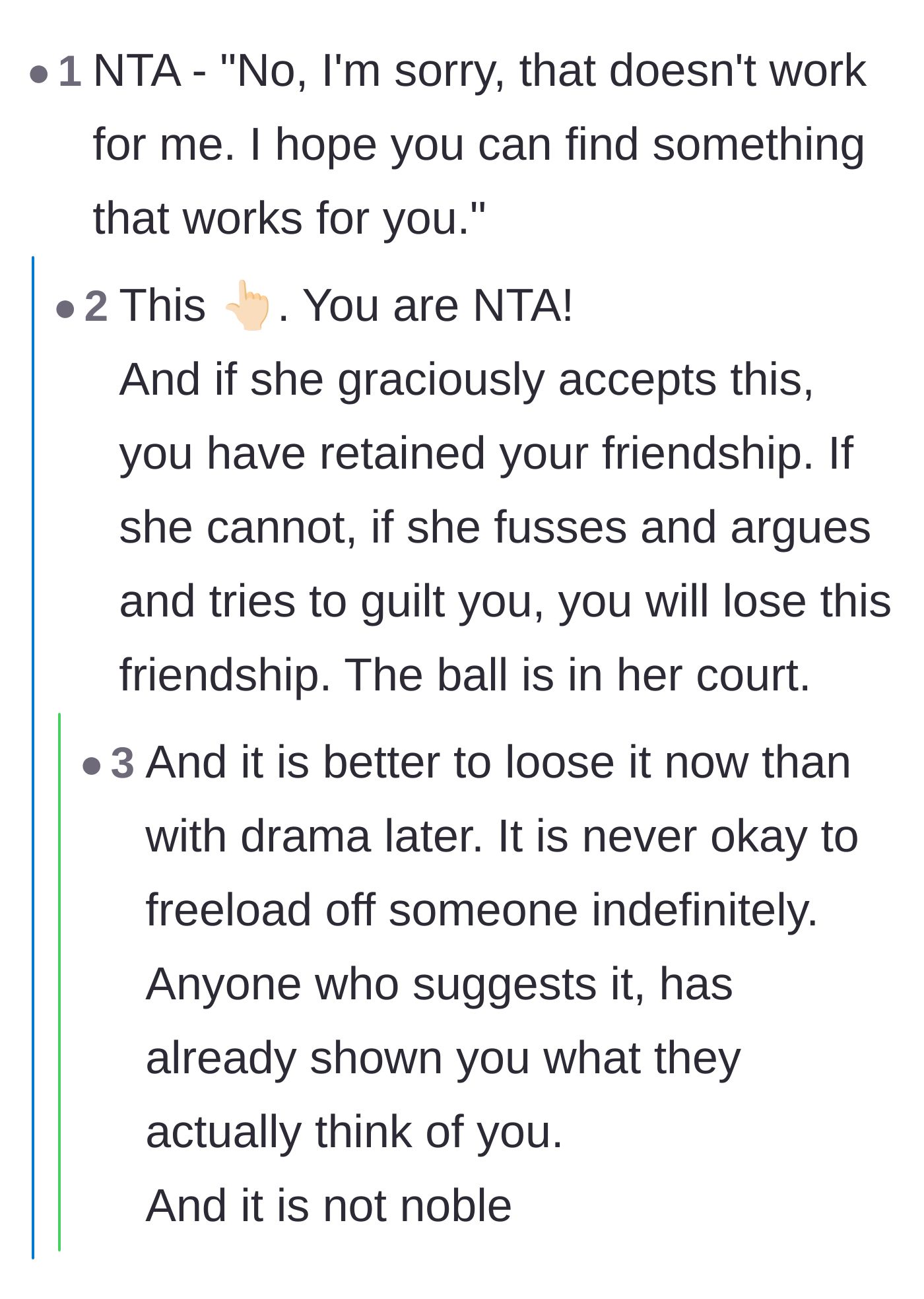 Comment thread 2 - Advice on using a polite rejection script to test the friend's true intentions.