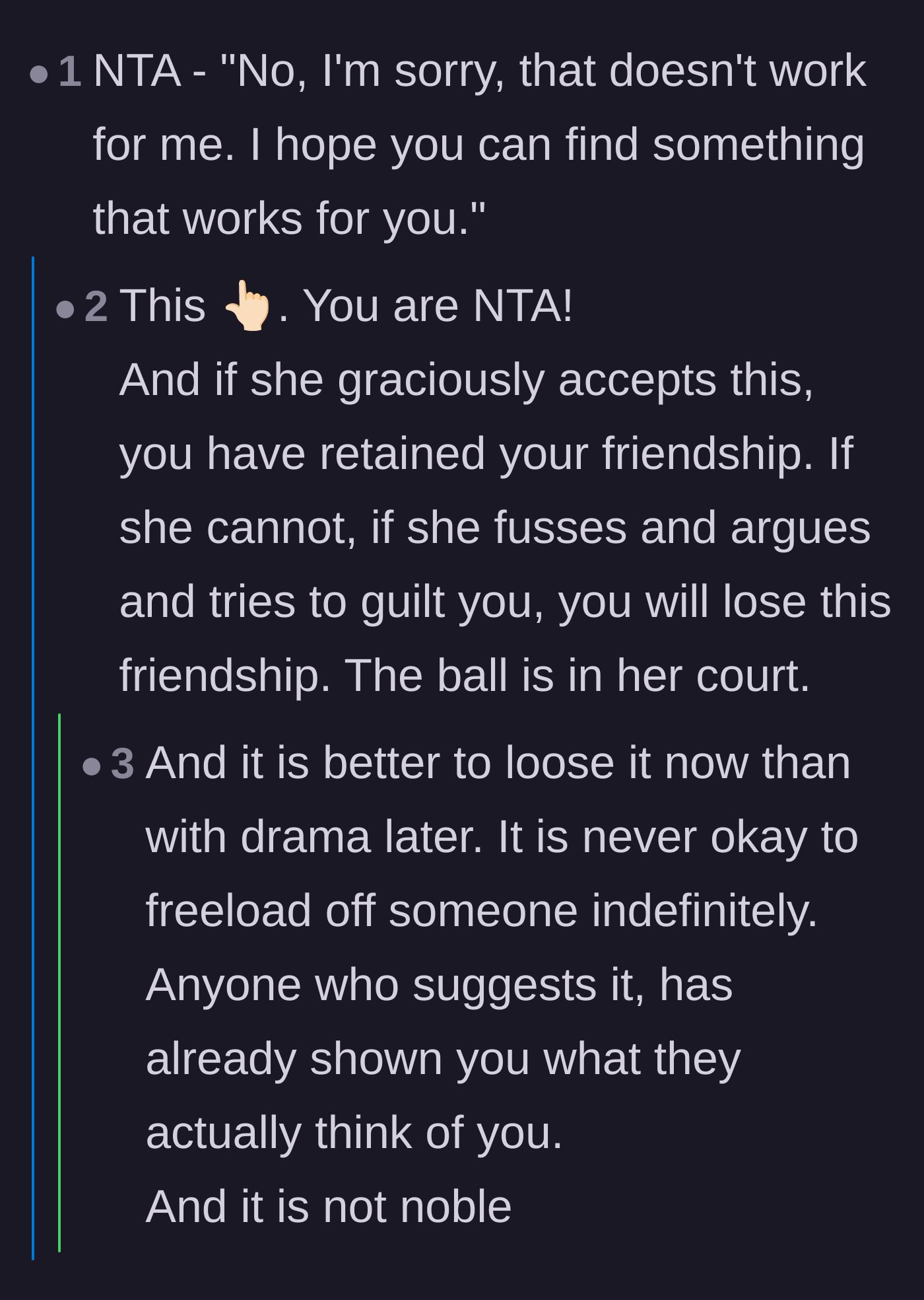 Comment thread 2 - Advice on using a polite rejection script to test the friend's true intentions.
