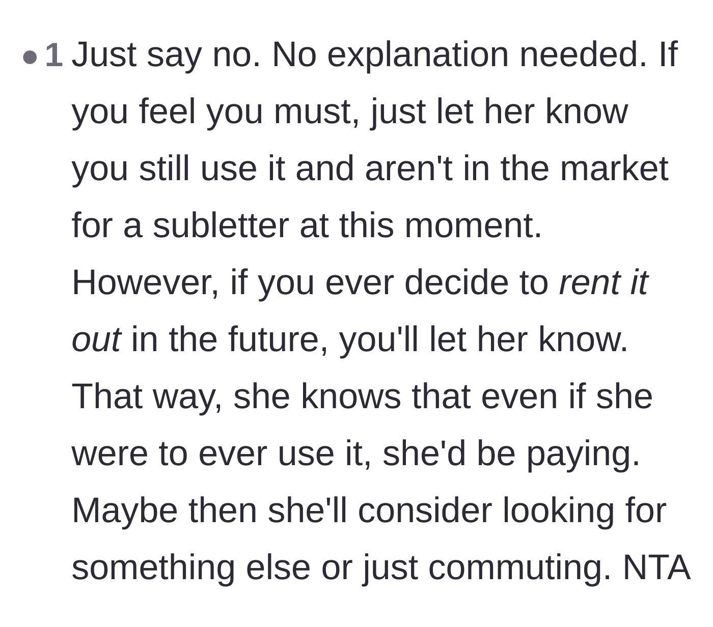 Comment thread 6 - Strategy to remind the friend that the apartment has high rental value to shut down the request.