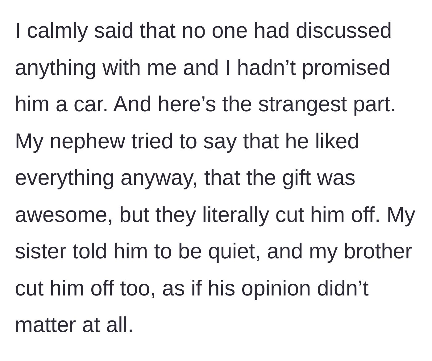 Story part 7 - The main character defending himself while the parents strictly silence the happy nephew.
