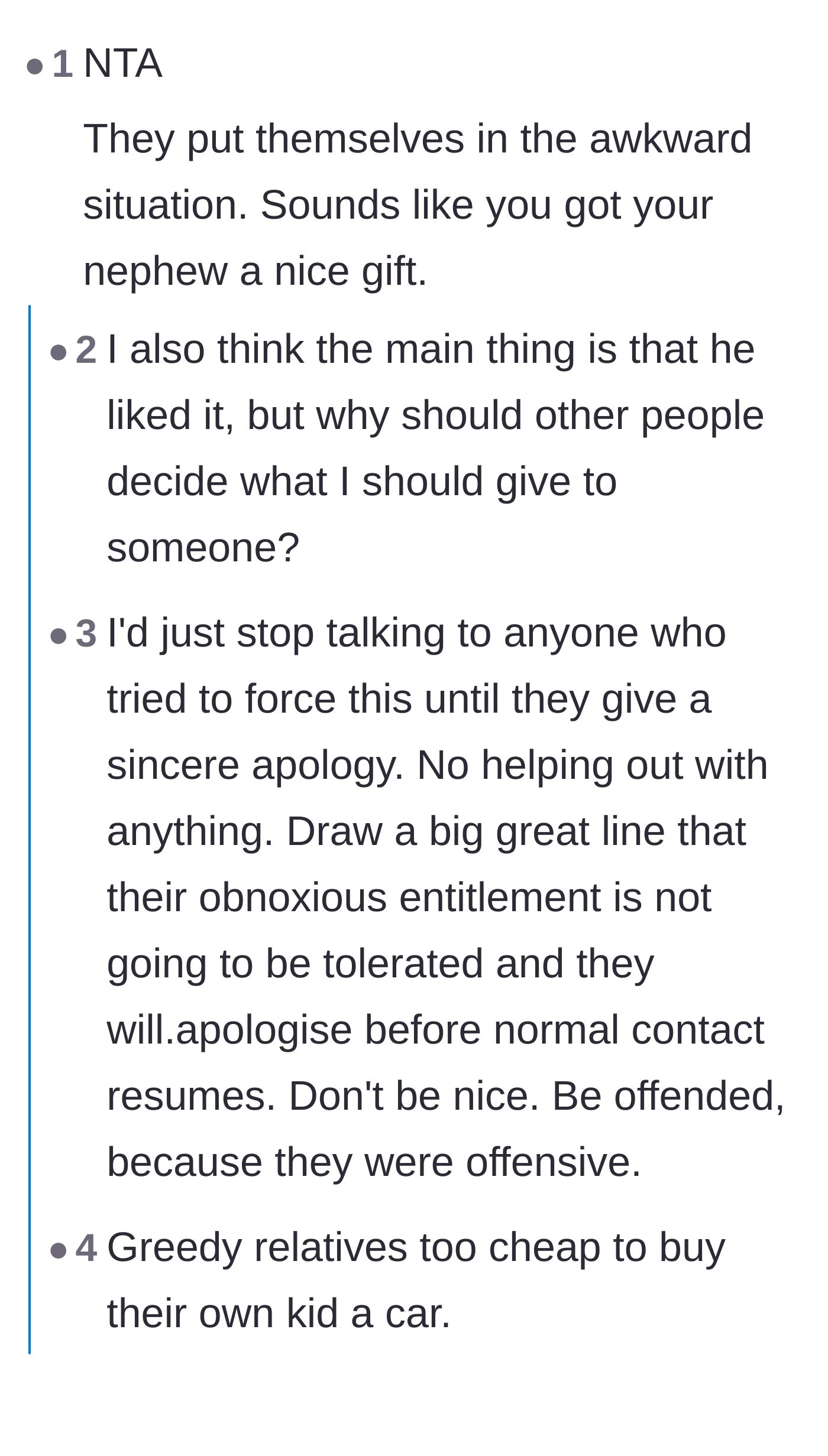 Comment thread 1 - Readers advise setting firm financial boundaries and pointing out that the parents manufactured the awkwardness themselves.