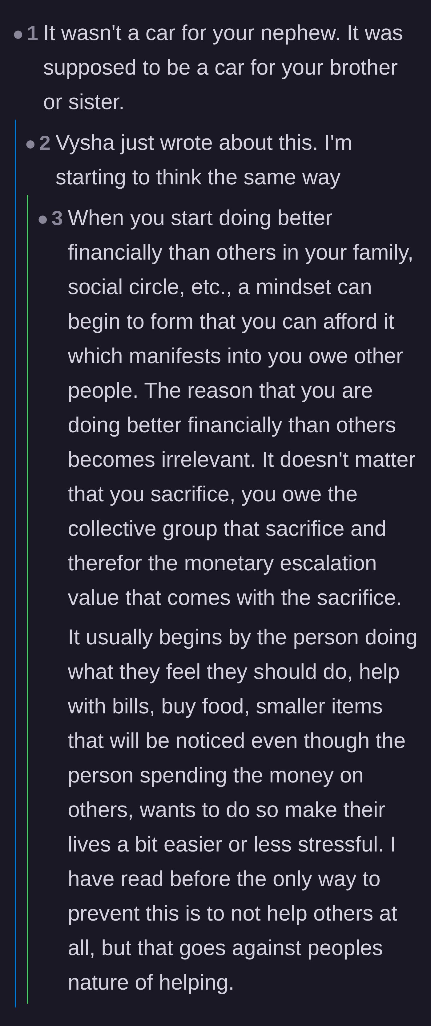 Comment thread 2 - A discussion on how the car was likely meant for the parents and the toxic mindset of the 'success penalty.'