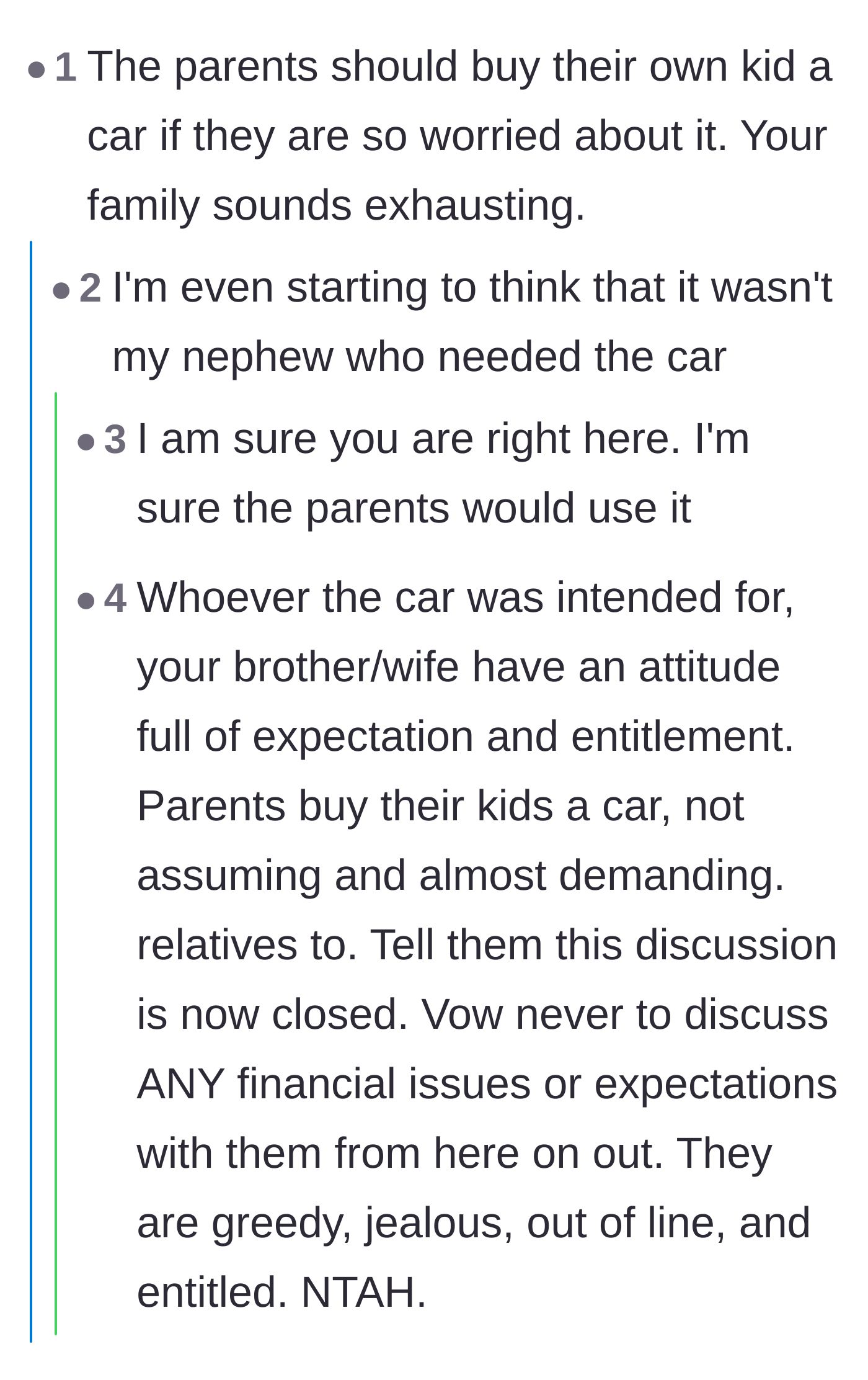 Comment thread 3 - Readers agree the parents should buy their own kid a car and were probably planning to take it for themselves.