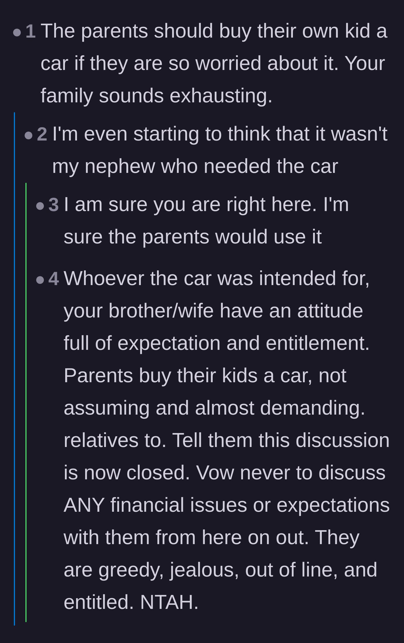 Comment thread 3 - Readers agree the parents should buy their own kid a car and were probably planning to take it for themselves.