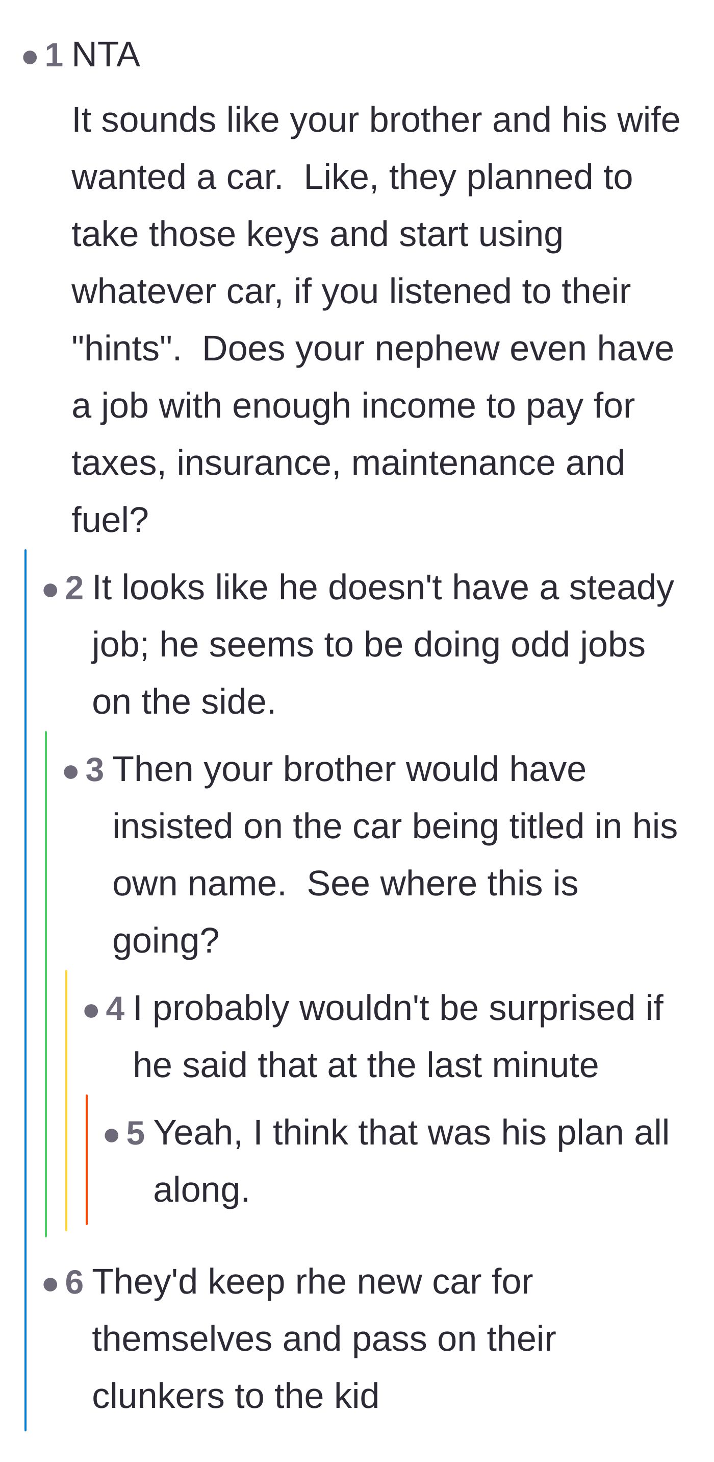 Comment thread 6 - Pointing out the nephew couldn't afford car maintenance, proving the brother intended to put the title in his own name.