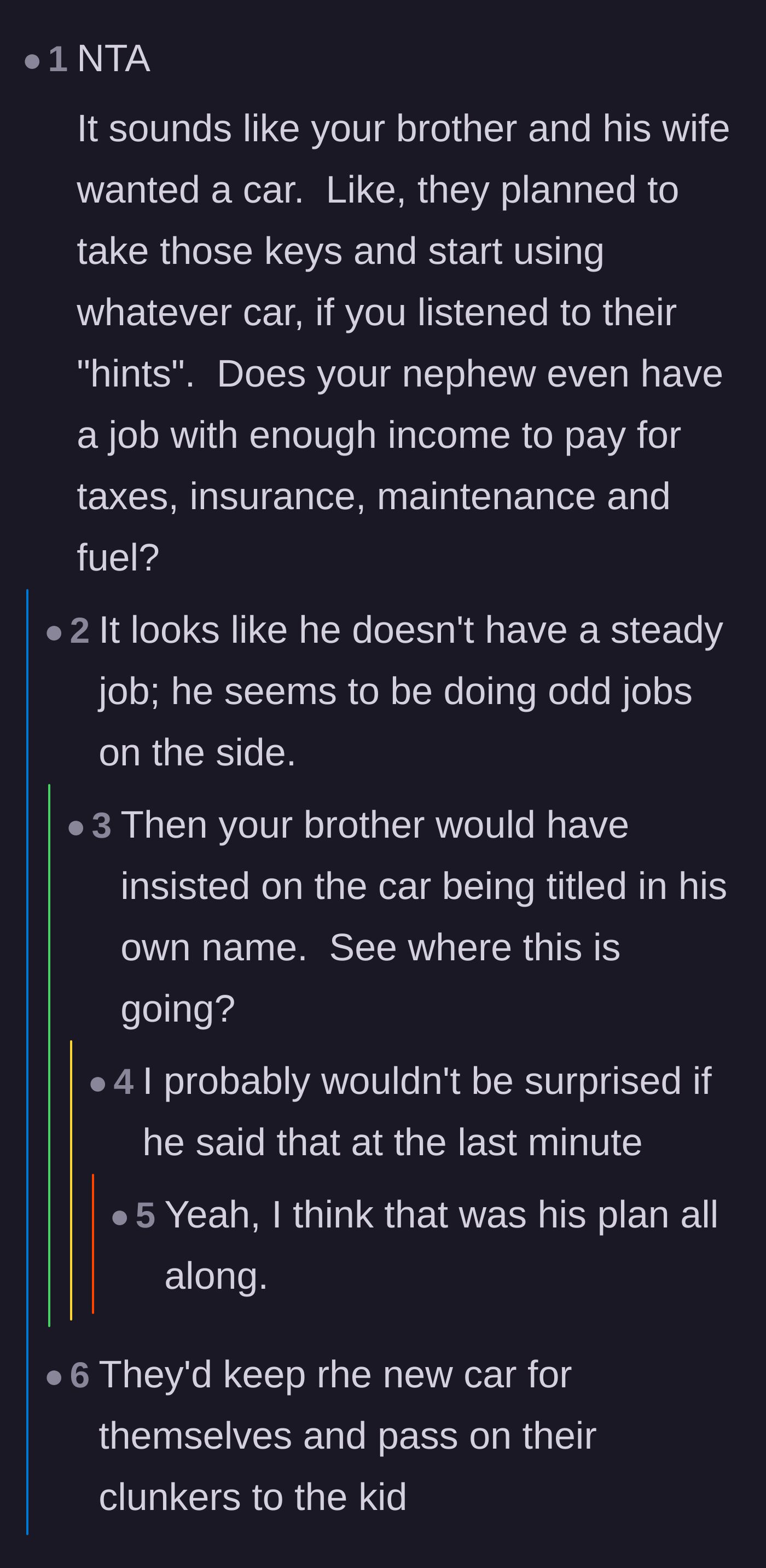 Comment thread 6 - Pointing out the nephew couldn't afford car maintenance, proving the brother intended to put the title in his own name.