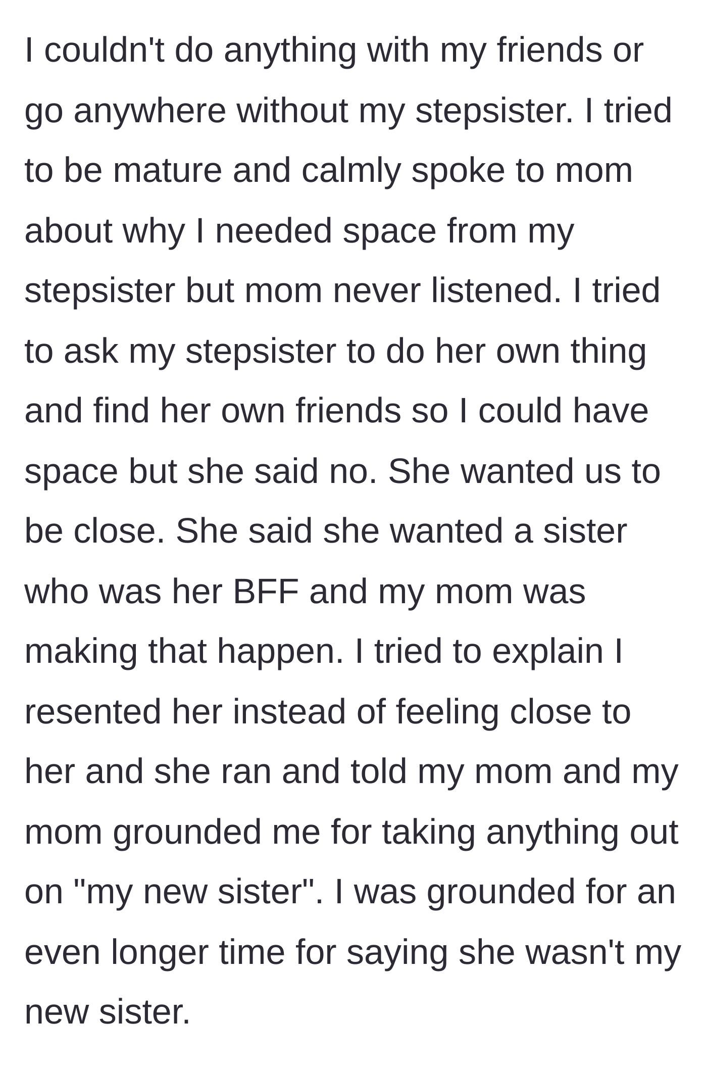 Story part 2 - The teen tries to set healthy boundaries with her mom and stepsister, but gets grounded for rejecting the forced sisterhood.