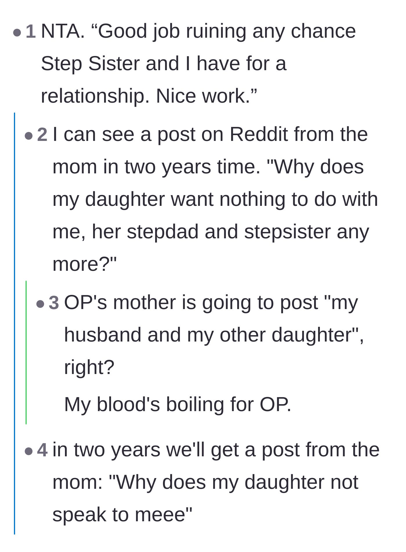 Comment thread 1 - Predictions about the mom wondering why her daughter cuts contact in the future.