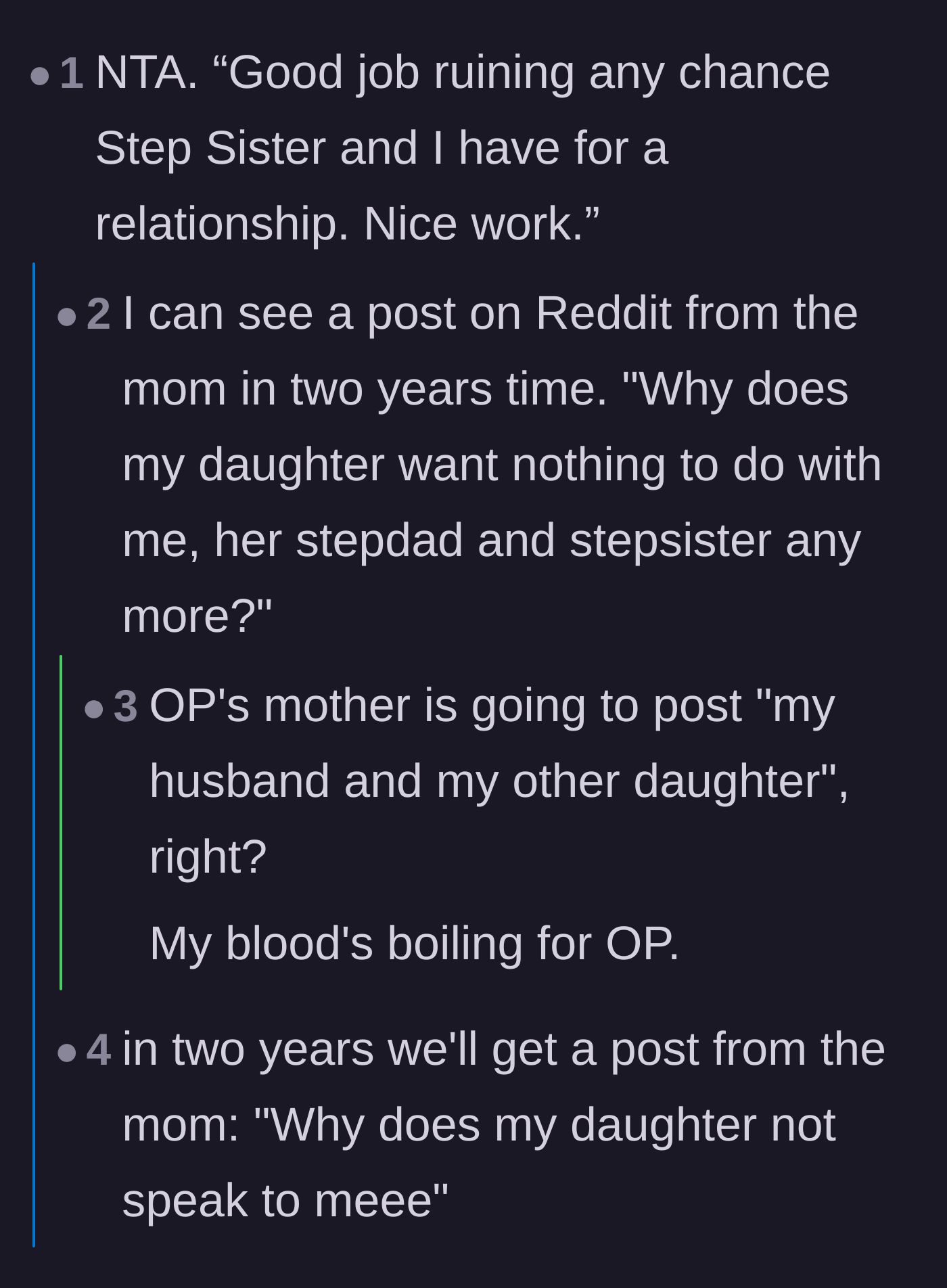 Comment thread 1 - Predictions about the mom wondering why her daughter cuts contact in the future.