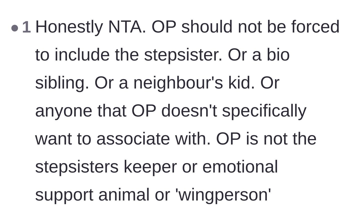 Comment thread 2 - A user pointing out that siblings aren't forced plus-ones or emotional support animals.