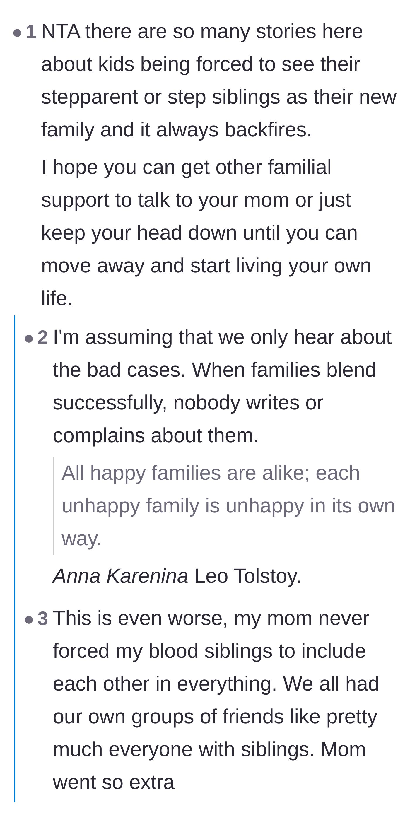 Comment thread 4 - A discussion on how forcing blended families always backfires and isn't normal even for biological siblings.