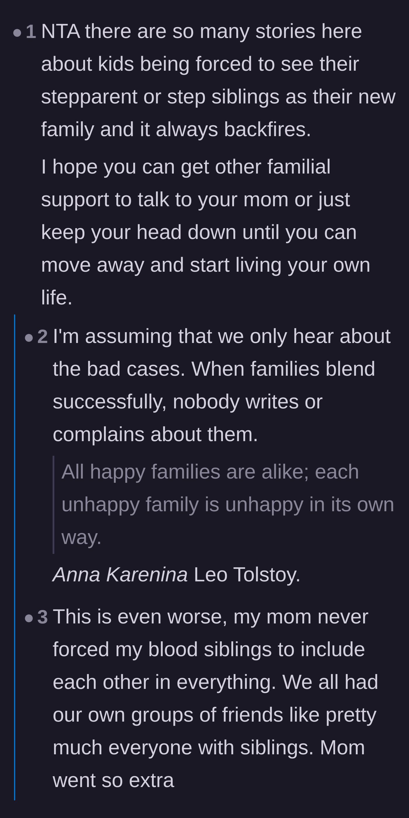 Comment thread 4 - A discussion on how forcing blended families always backfires and isn't normal even for biological siblings.