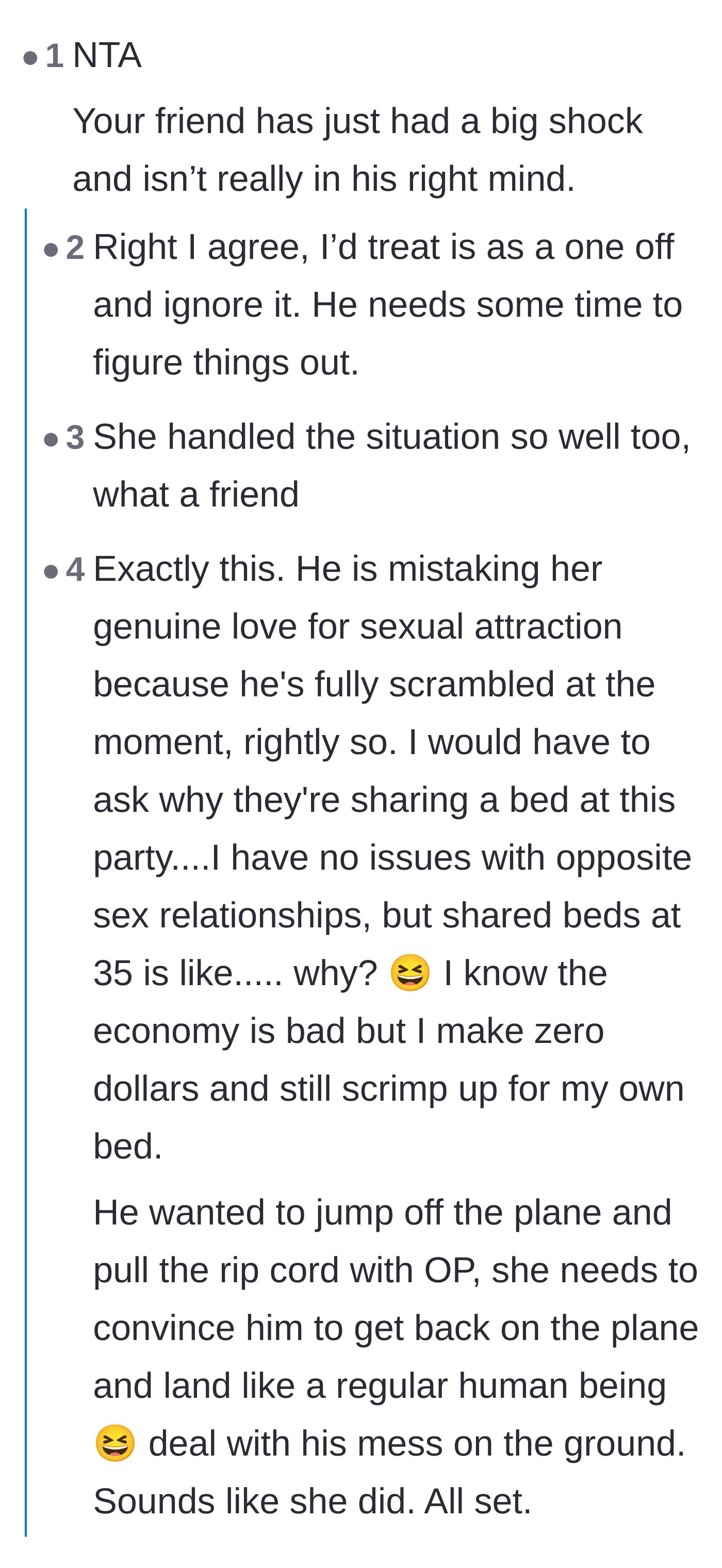 Comment thread 1 - Debating the friend's emotional state versus the boundary of sharing a bed while married