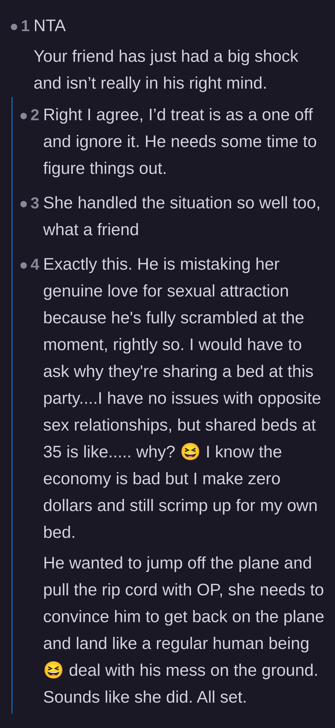 Comment thread 1 - Debating the friend's emotional state versus the boundary of sharing a bed while married