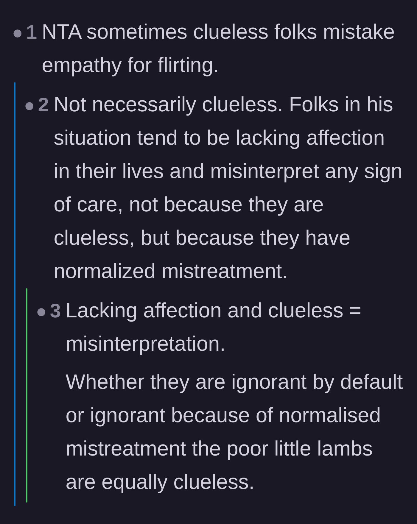 Comment thread 2 - How a lack of affection leads people to confuse basic kindness with romance