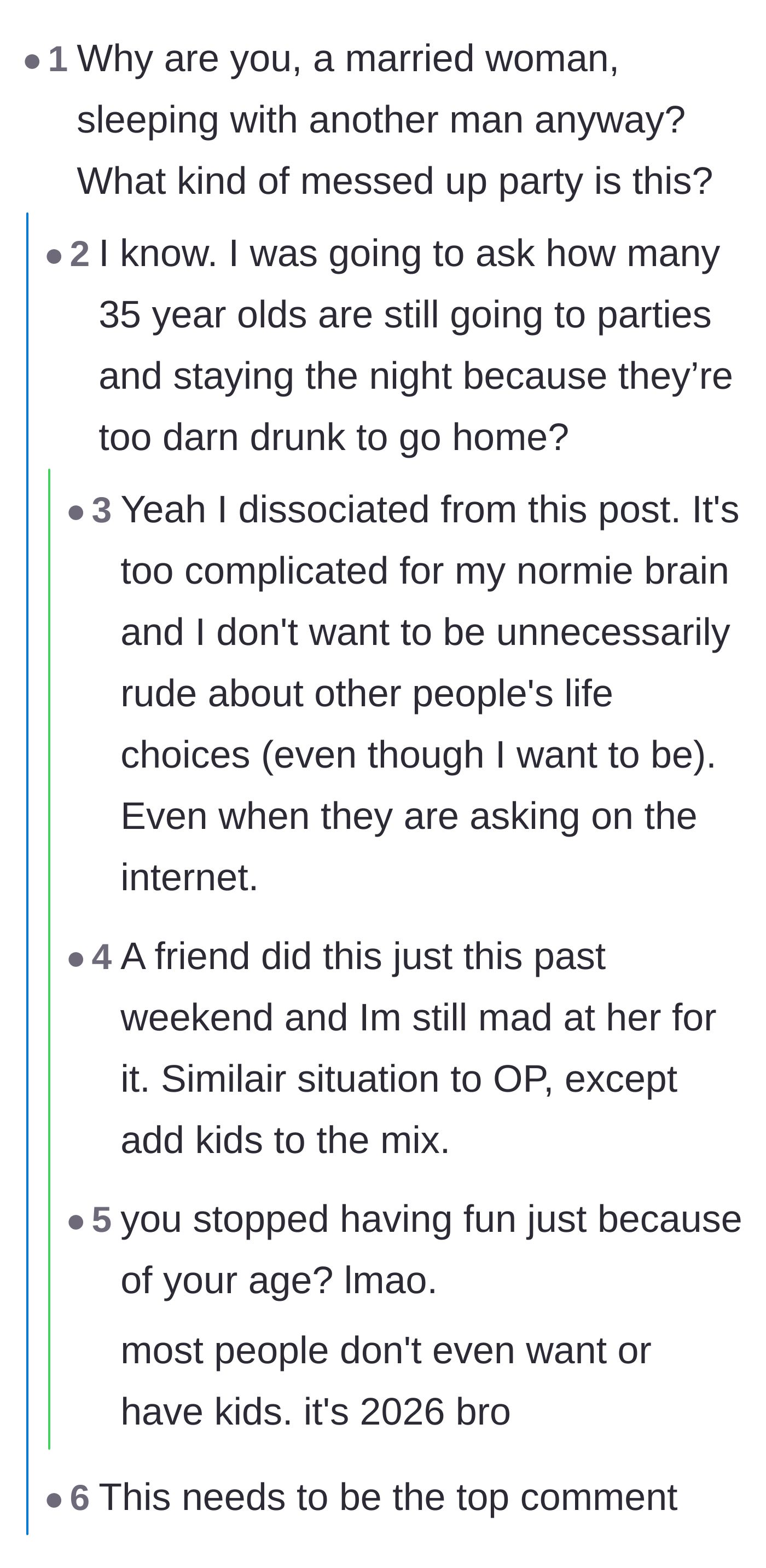 Comment thread 3 - Arguing over whether crashing at drunk sleepovers in your thirties is normal behavior