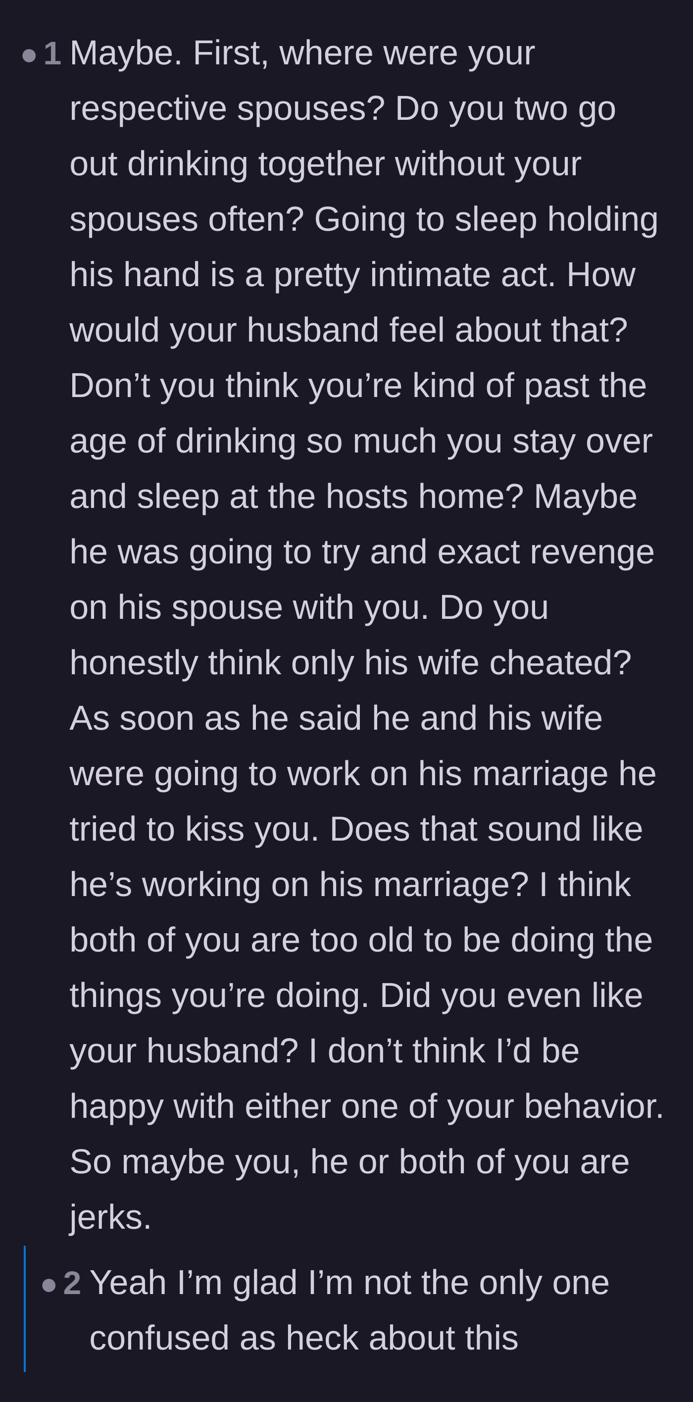 Comment thread 4 - Questioning the absence of the spouses and the intimacy of holding hands in bed