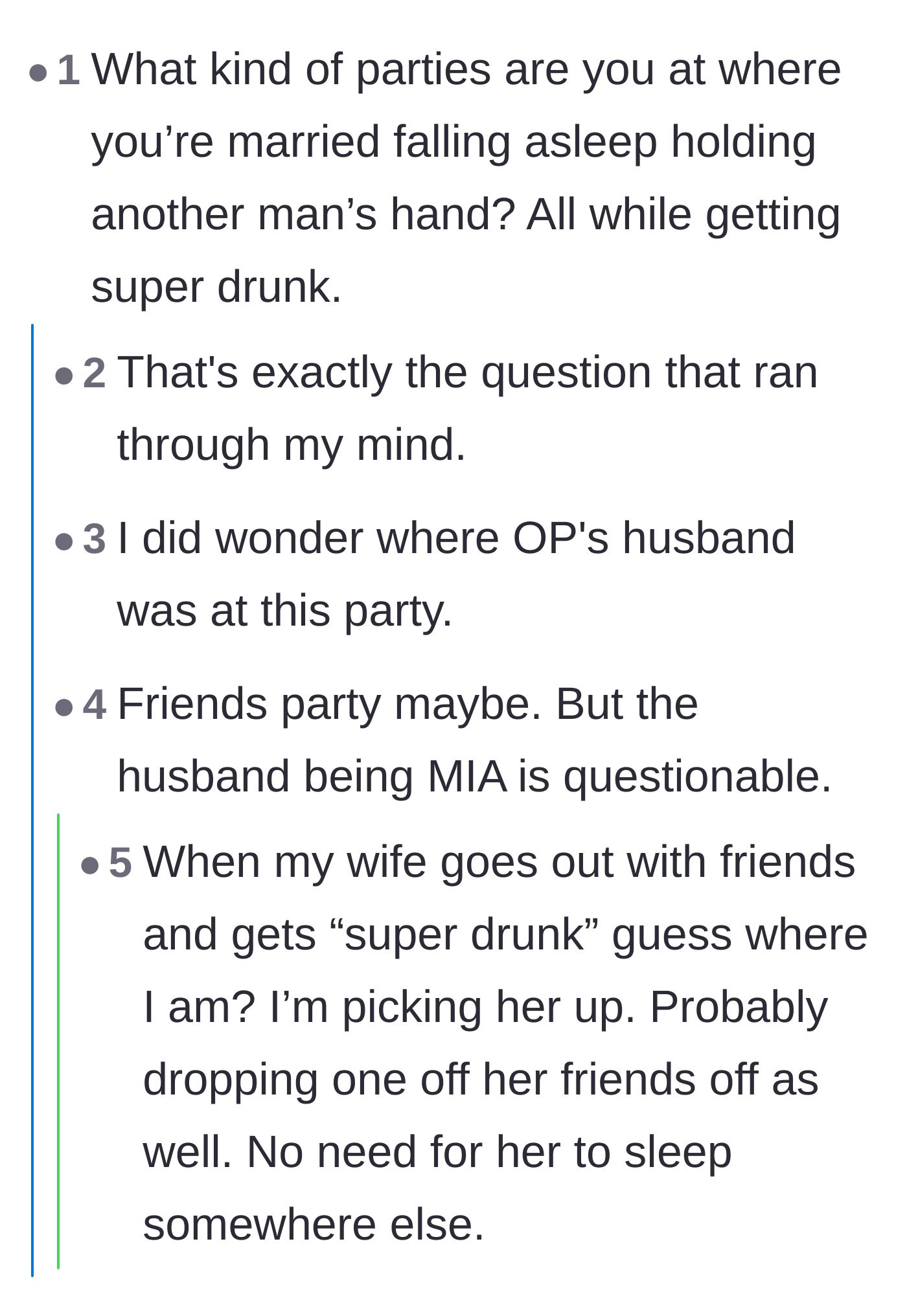 Comment thread 5 - Wondering why the husband wasn't there to pick her up from the party