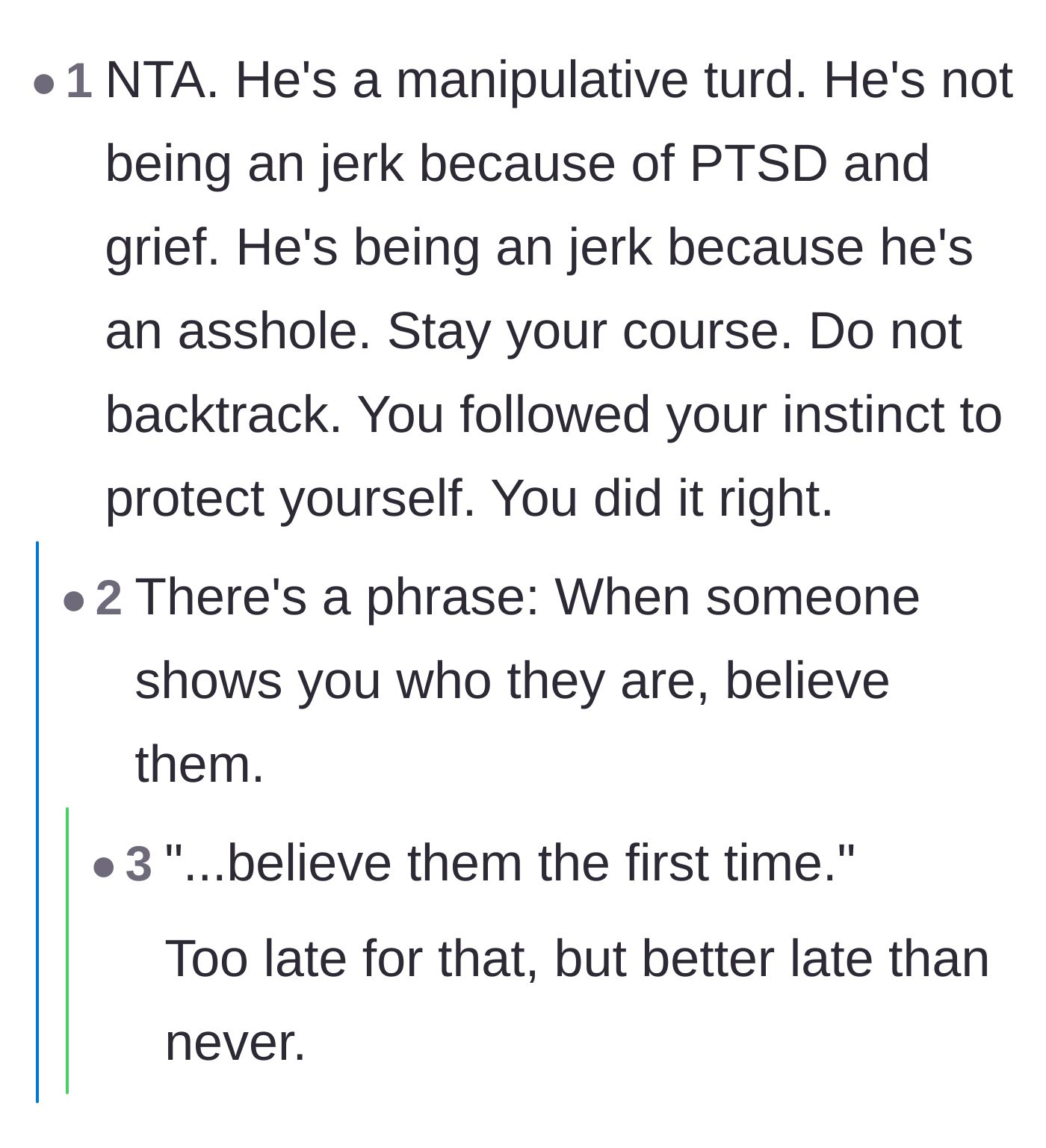 Comment thread 3 - Commenters remind the author that trauma doesn't cause toxic personality traits.