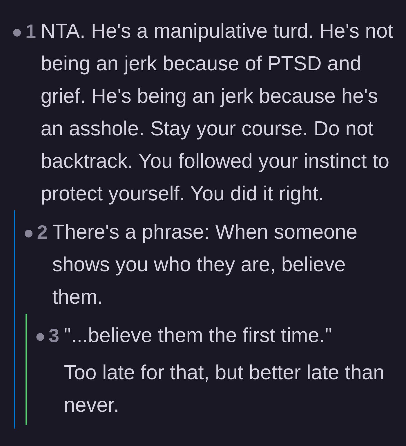 Comment thread 3 - Commenters remind the author that trauma doesn't cause toxic personality traits.