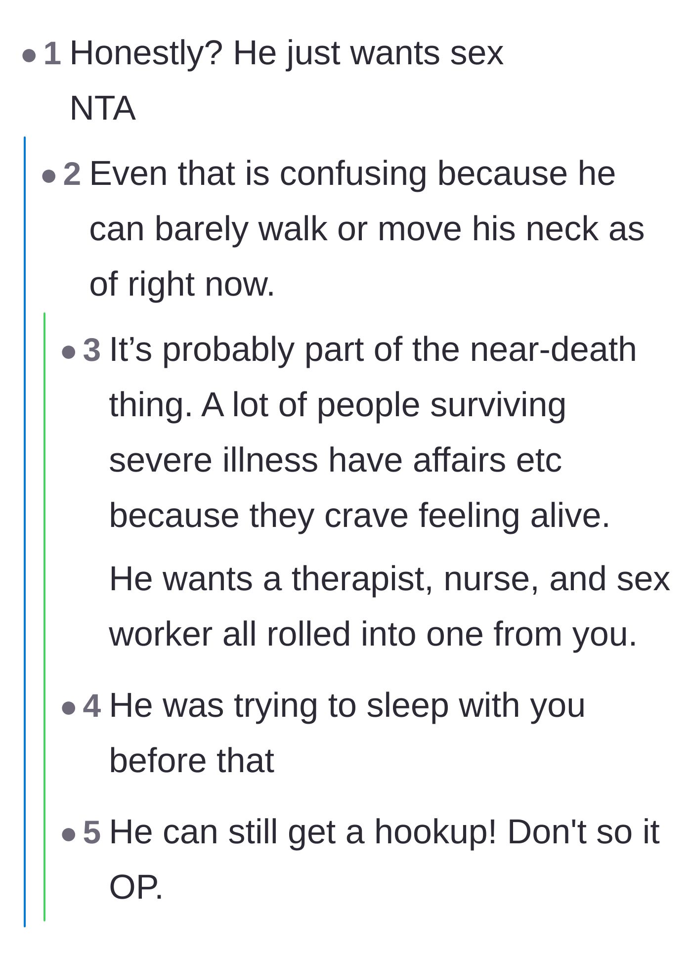 Comment thread 5 - A blunt discussion breaking down the ex's unrealistic and selfish demands during his physical recovery.