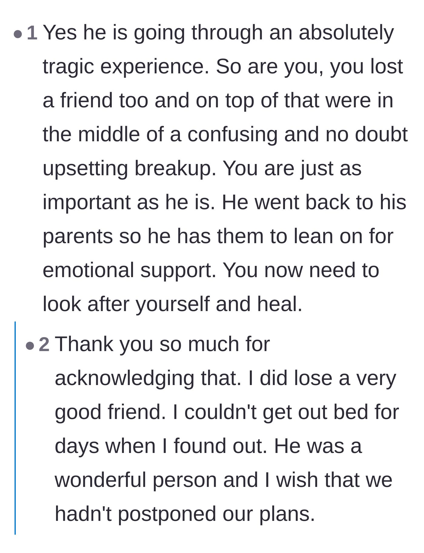 Comment thread 6 - A heartwarming moment where commenters validate the author's own overlooked grief and loss.