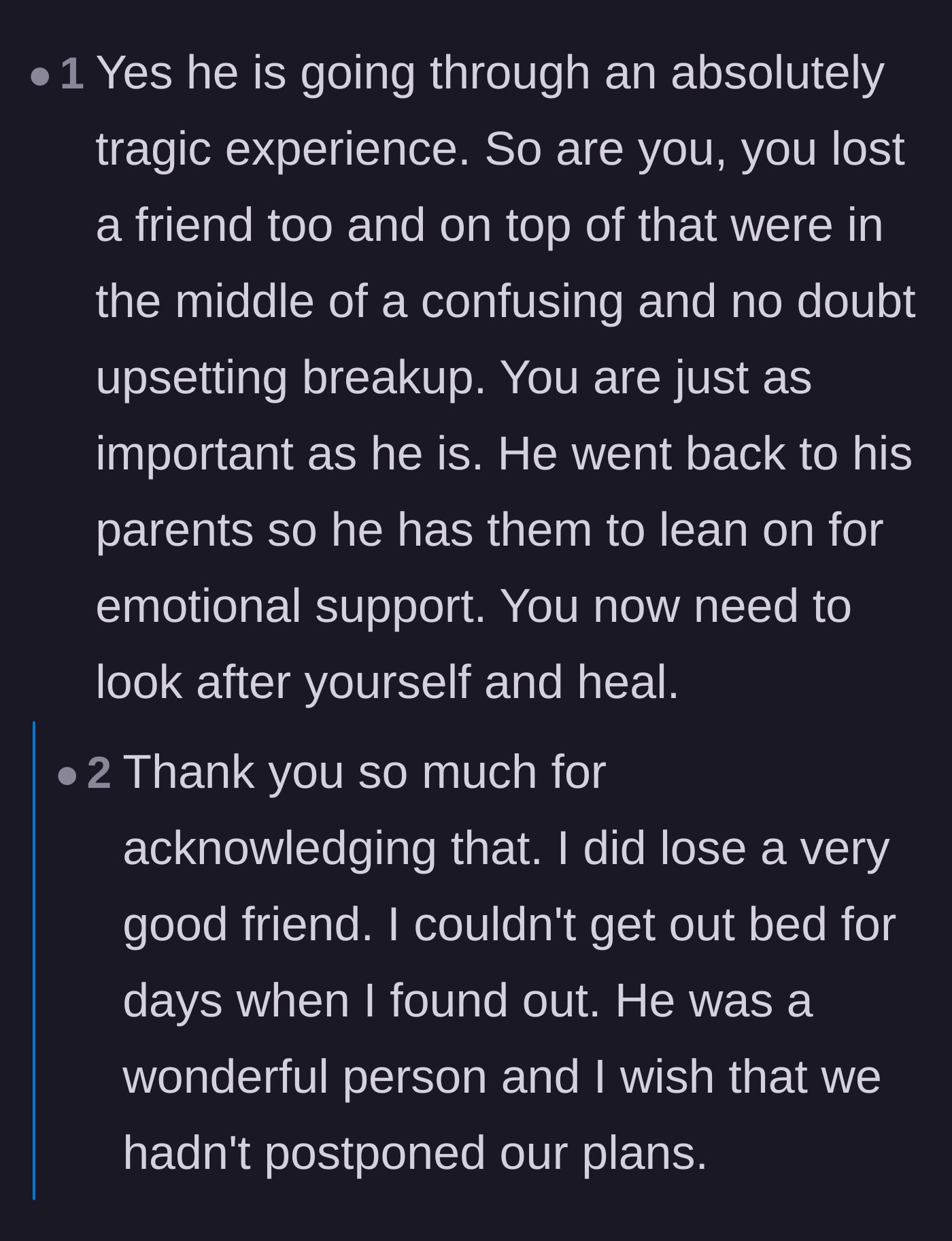 Comment thread 6 - A heartwarming moment where commenters validate the author's own overlooked grief and loss.