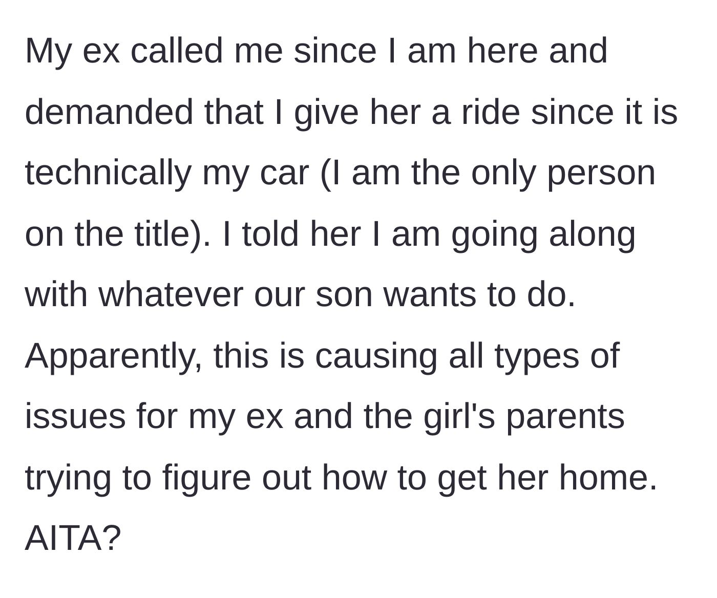 Story part 5 - The ex-wife demands the father force the issue since he owns the car, but he backs his son's refusal, leaving the other parents scrambling.