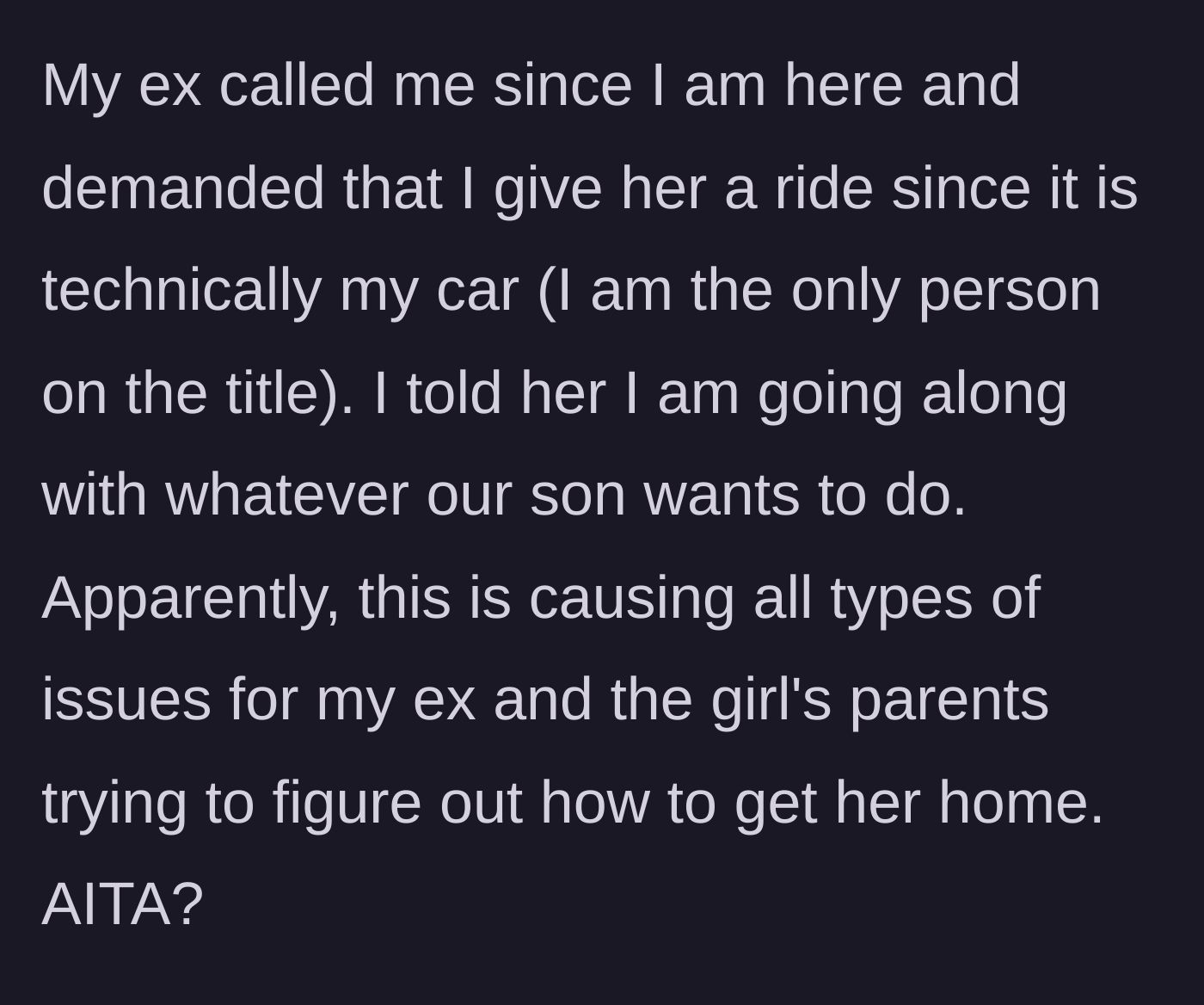 Story part 5 - The ex-wife demands the father force the issue since he owns the car, but he backs his son's refusal, leaving the other parents scrambling.