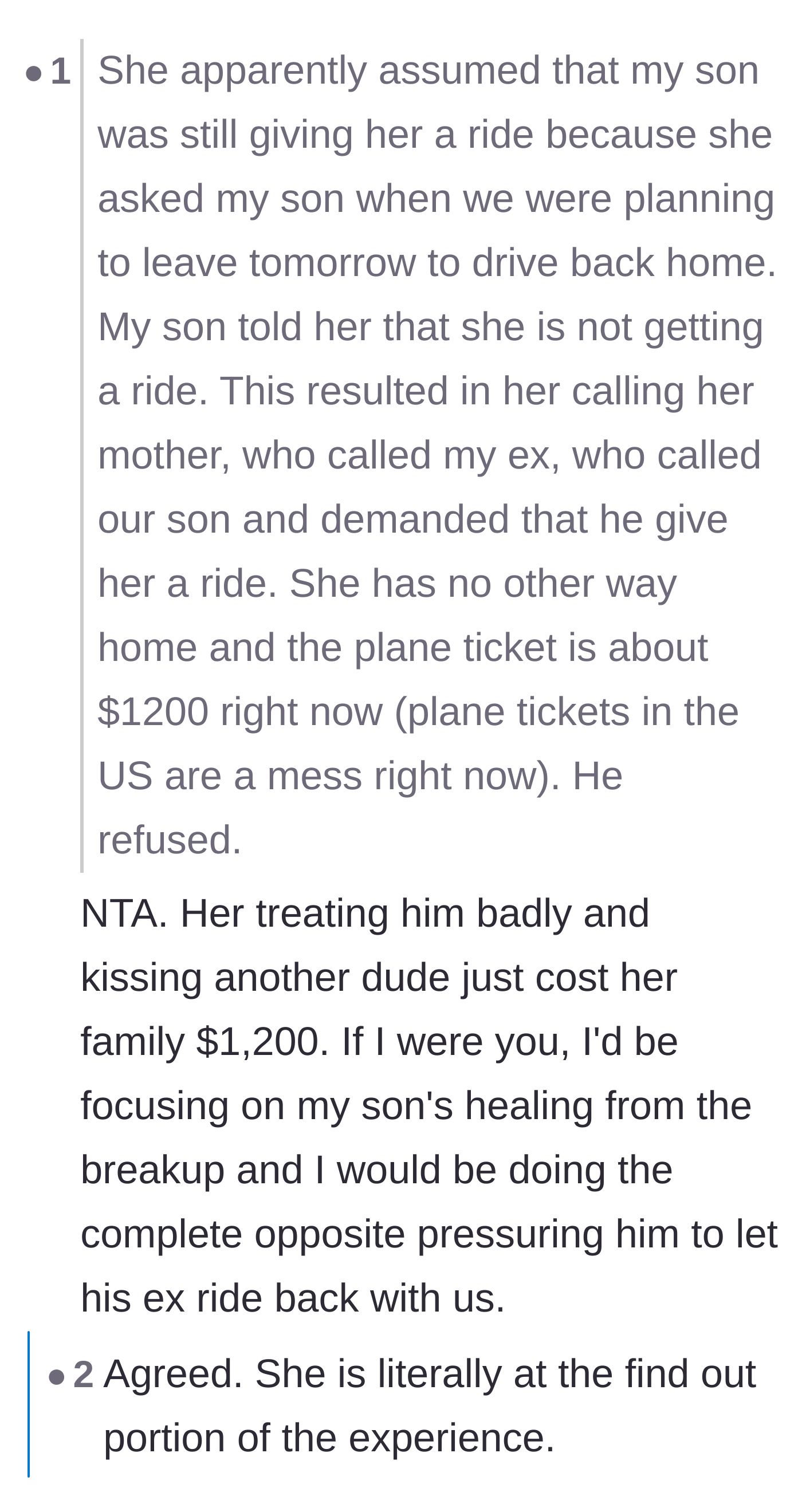 Comment thread 1 - Discussion about how the ex-girlfriend is facing the expensive, real-world consequences of her cheating.