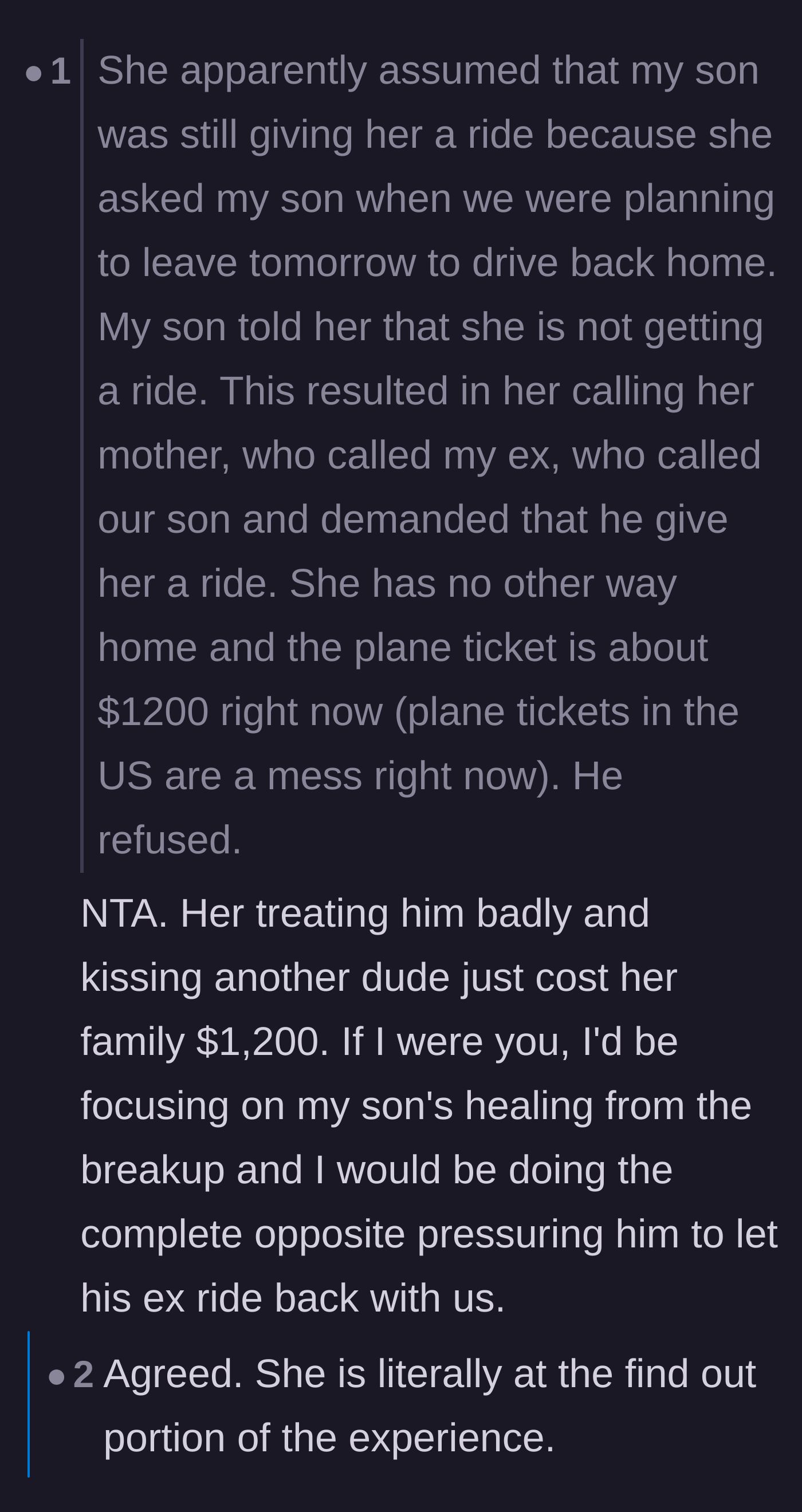 Comment thread 1 - Discussion about how the ex-girlfriend is facing the expensive, real-world consequences of her cheating.