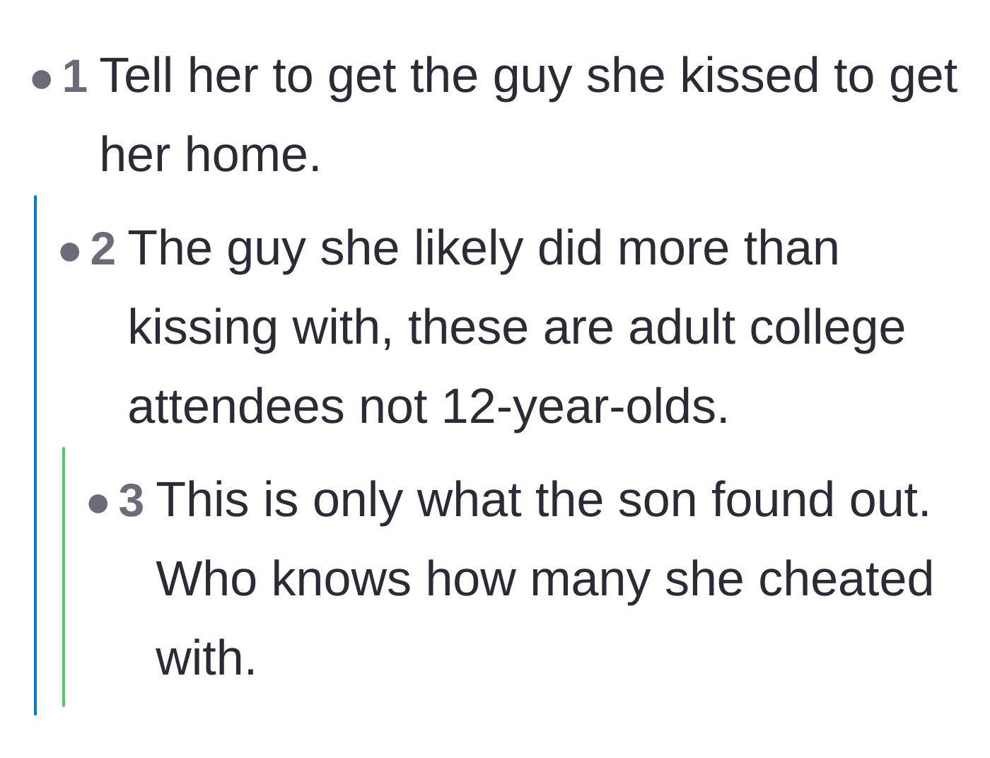 Comment thread 3 - Suggestions that the ex-girlfriend should ask her affair partner for a ride home instead.