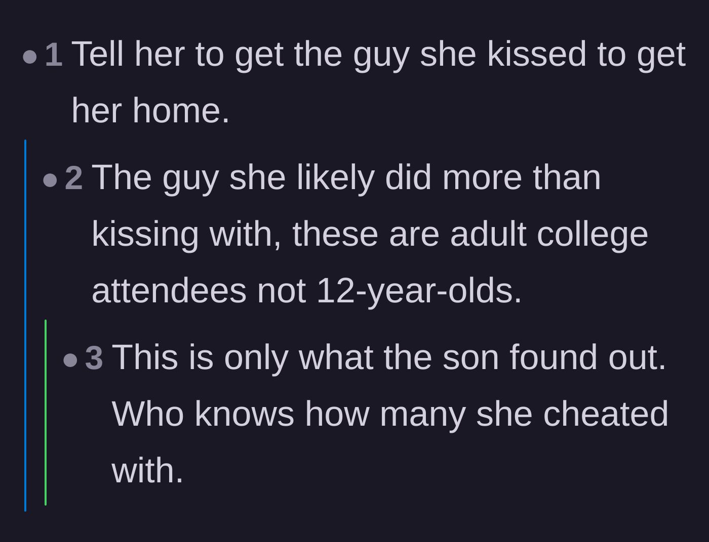 Comment thread 3 - Suggestions that the ex-girlfriend should ask her affair partner for a ride home instead.