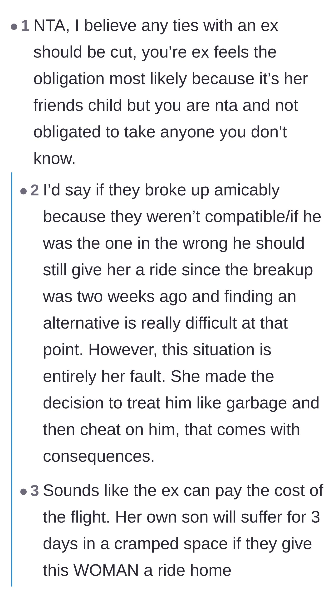 Comment thread 4 - Debate on how an amicable breakup might have warranted a ride, but infidelity erases any lingering obligations.