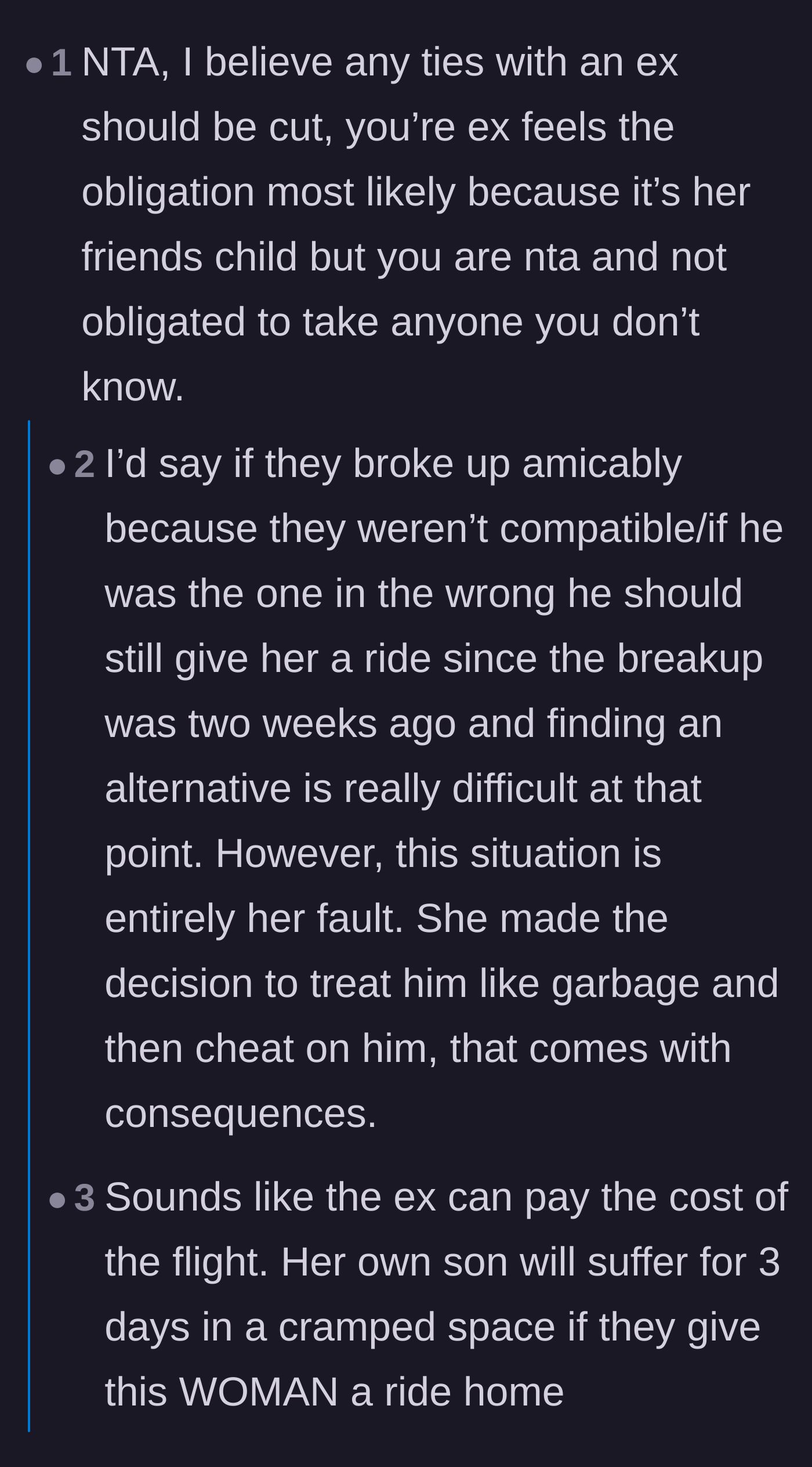 Comment thread 4 - Debate on how an amicable breakup might have warranted a ride, but infidelity erases any lingering obligations.