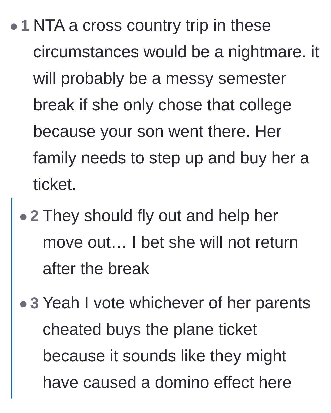 Comment thread 5 - Comments suggesting the ex-girlfriend's parents should step up and pay for her flight instead of passing the buck.