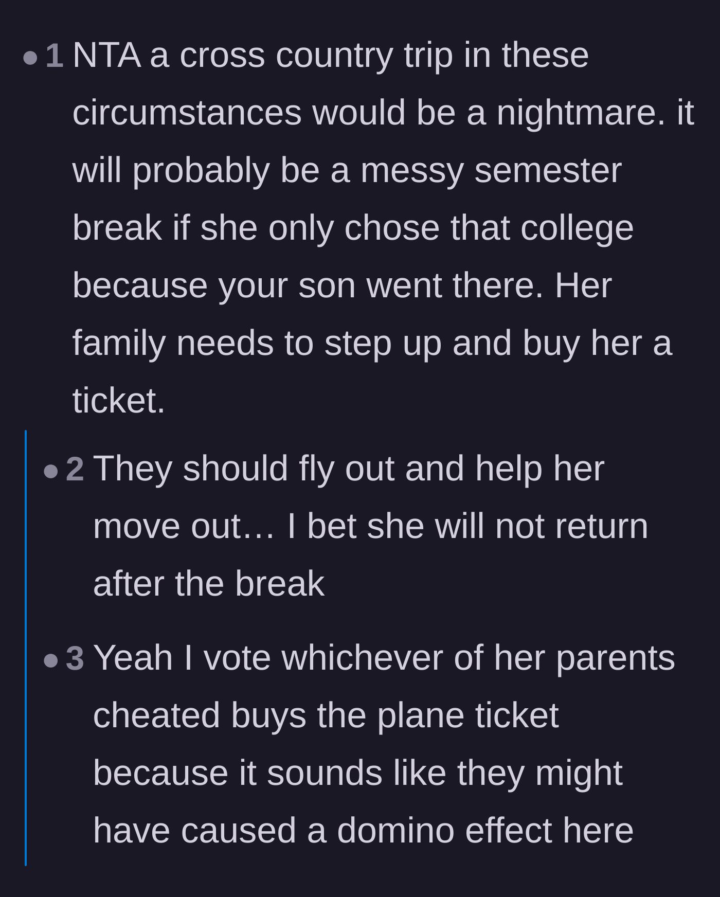 Comment thread 5 - Comments suggesting the ex-girlfriend's parents should step up and pay for her flight instead of passing the buck.